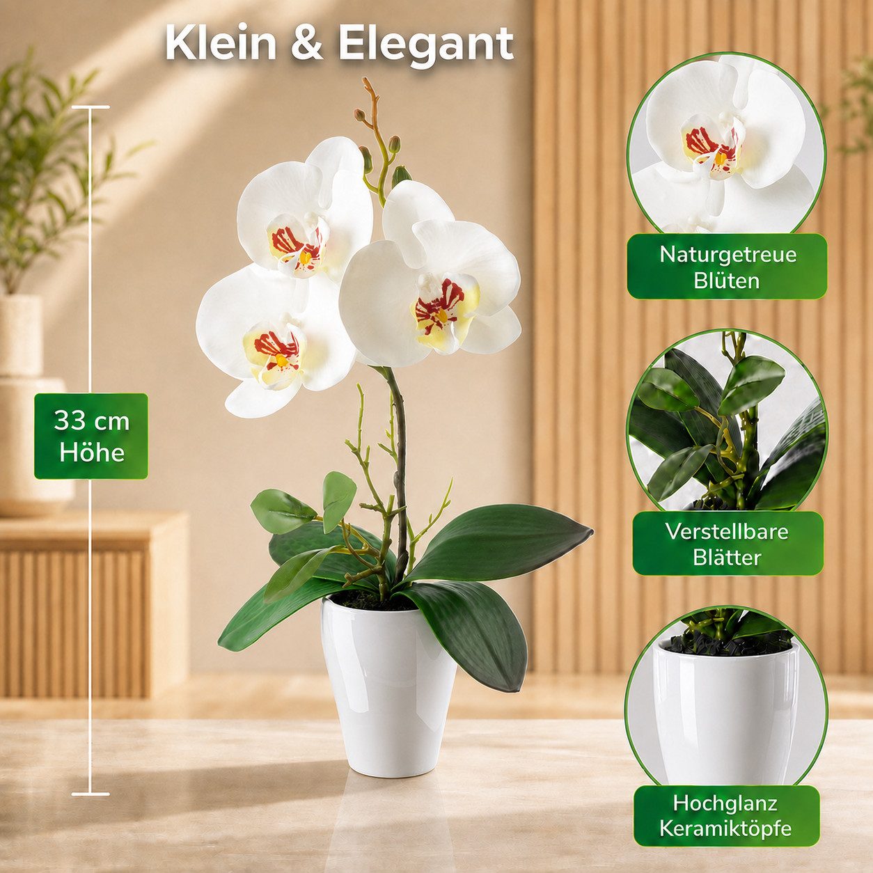 Kunstorchidee 3er Set künstliche Orchideen wie echt (35cm) in Hochglanz-Keramiktopf Orchidee, PASCH – Bild 3 von 5