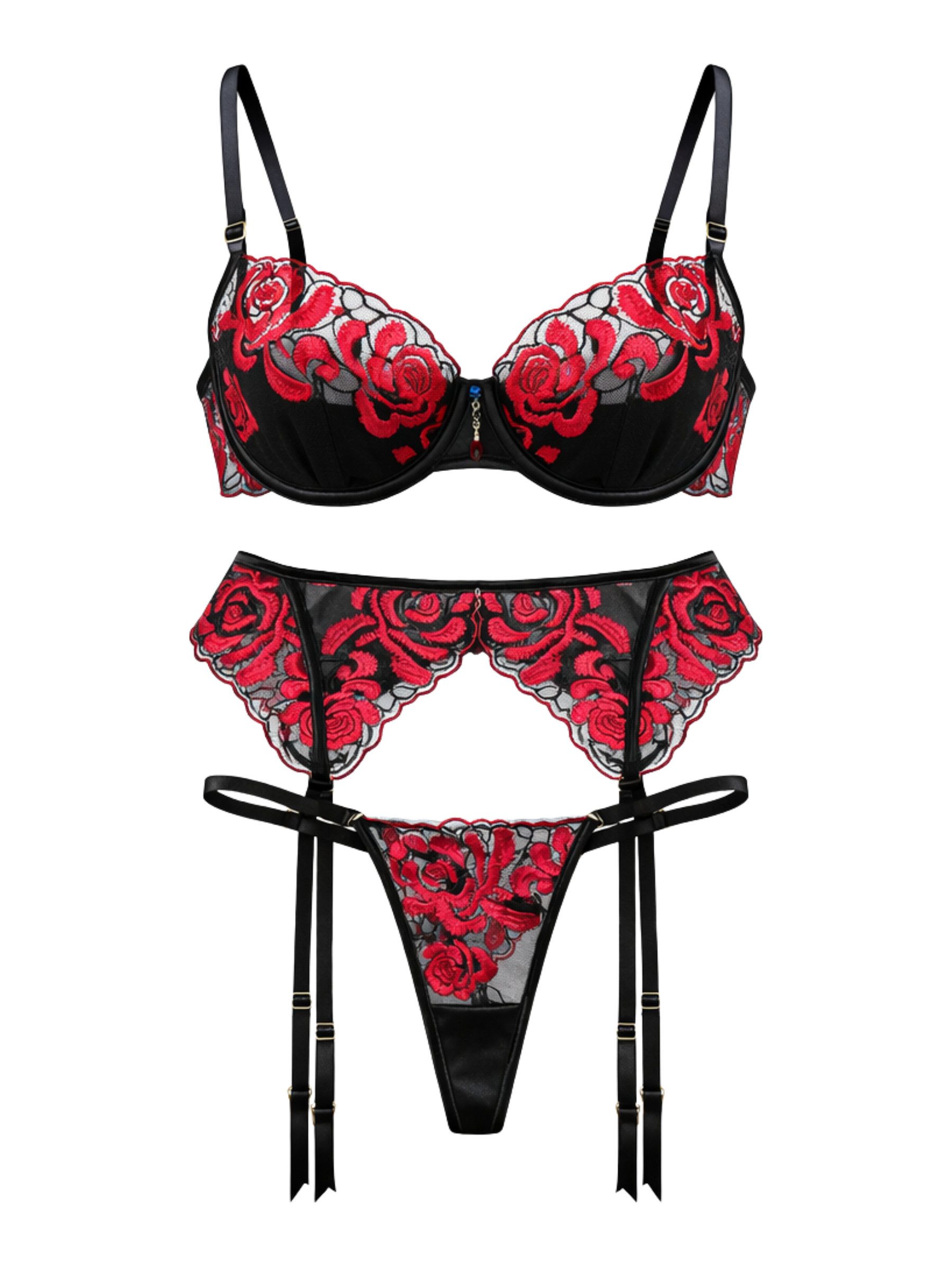 Elegant Love Set: Bügel-BH Besticktes Dessous-Set für Damen – sexy Lingerie-Set aus Spitze (Set, 3-tlg., BH, String und Strumpfhaltergürtel) Elegante Reizwäsche: Straps-Unterwäsche-Set mit floraler Stickerei