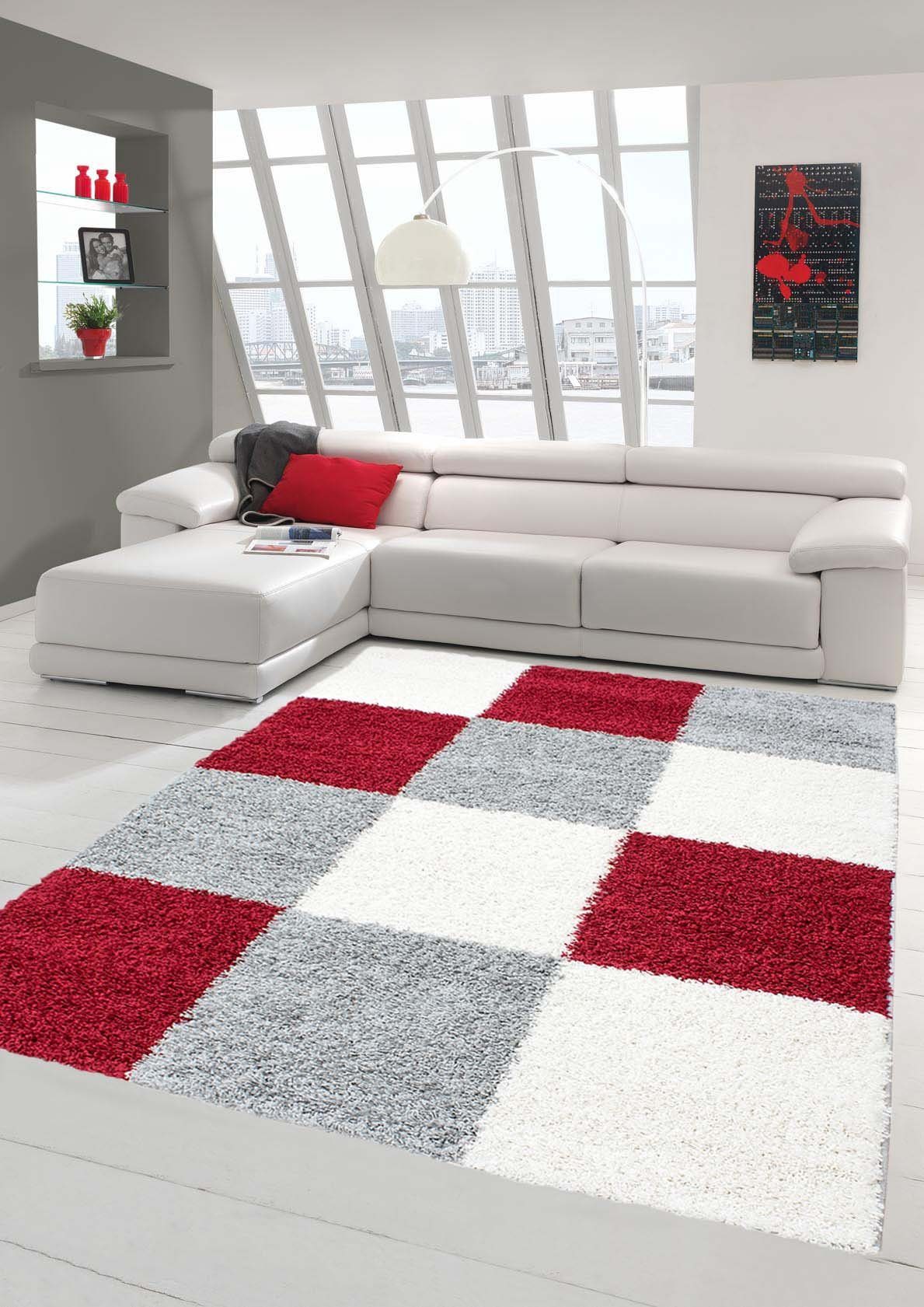 Hochflor-Teppich Shaggy Teppich Hochflor Langflor Teppich Wohnzimmer Teppich  Gemustert in Karo Design Rot Grau Creme, Teppich-Traum, rechteckig, Höhe:  30 mm