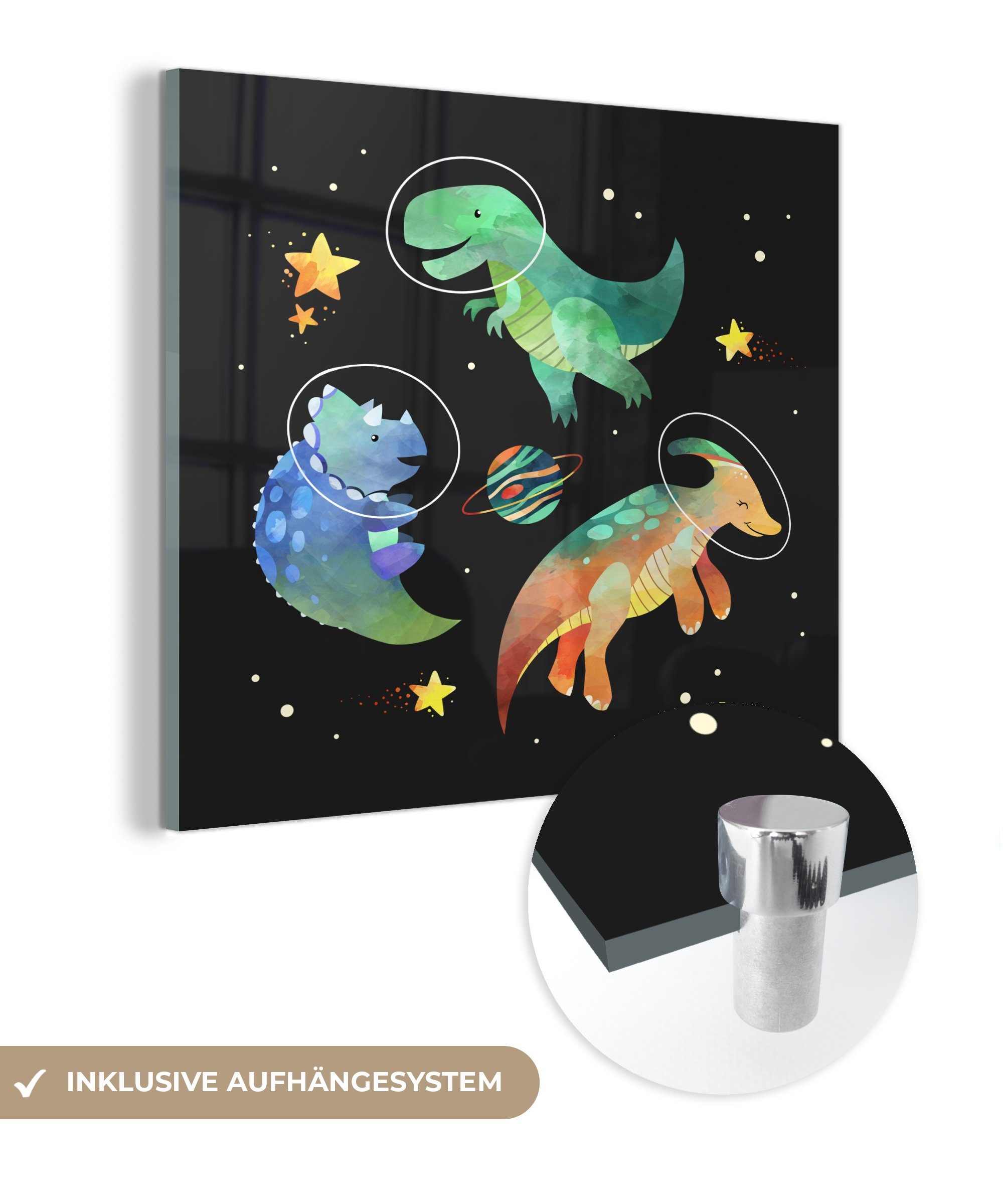 MuchoWow Acrylglasbild Weltraum - Dinosaurier - Sterne - Kinder - Kinder - Kinder, (1 St), Glasbilder - Bilder auf Glas Wandbild - Foto auf Glas - Wanddekoration