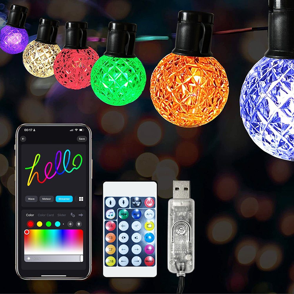 MUPOO LED Gartenlichterketten USB,Fernbedienung/APP für Innenbereich,Raum,Weihnachten,Terrassedekor 5M/10 LED Lichtleiste RGB Außen-Lichterkette Dekolicht Glühbirnen, Wasserdicht