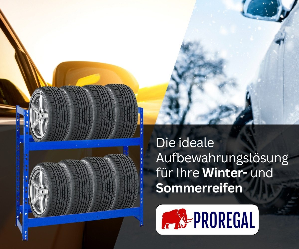 PROREGAL® Schwerlastregal Reifenregal Räderregal TIGER HxBxT 100x110x35cm 8 Reifen auf 2 Ebenen, Für 8 Winterreifen Sommerreifen Allwetterreifen bis 300kg Gesamtlast