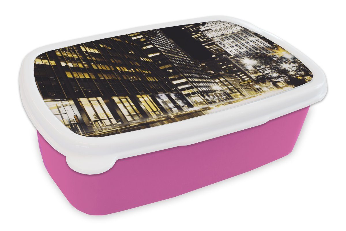 MuchoWow Lunchbox New York - Lampe - Nacht, Kunststoff, (2-tlg), Brotbox für Erwachsene, Brotdose Kinder, Snackbox, Mädchen, Kunststoff rosa