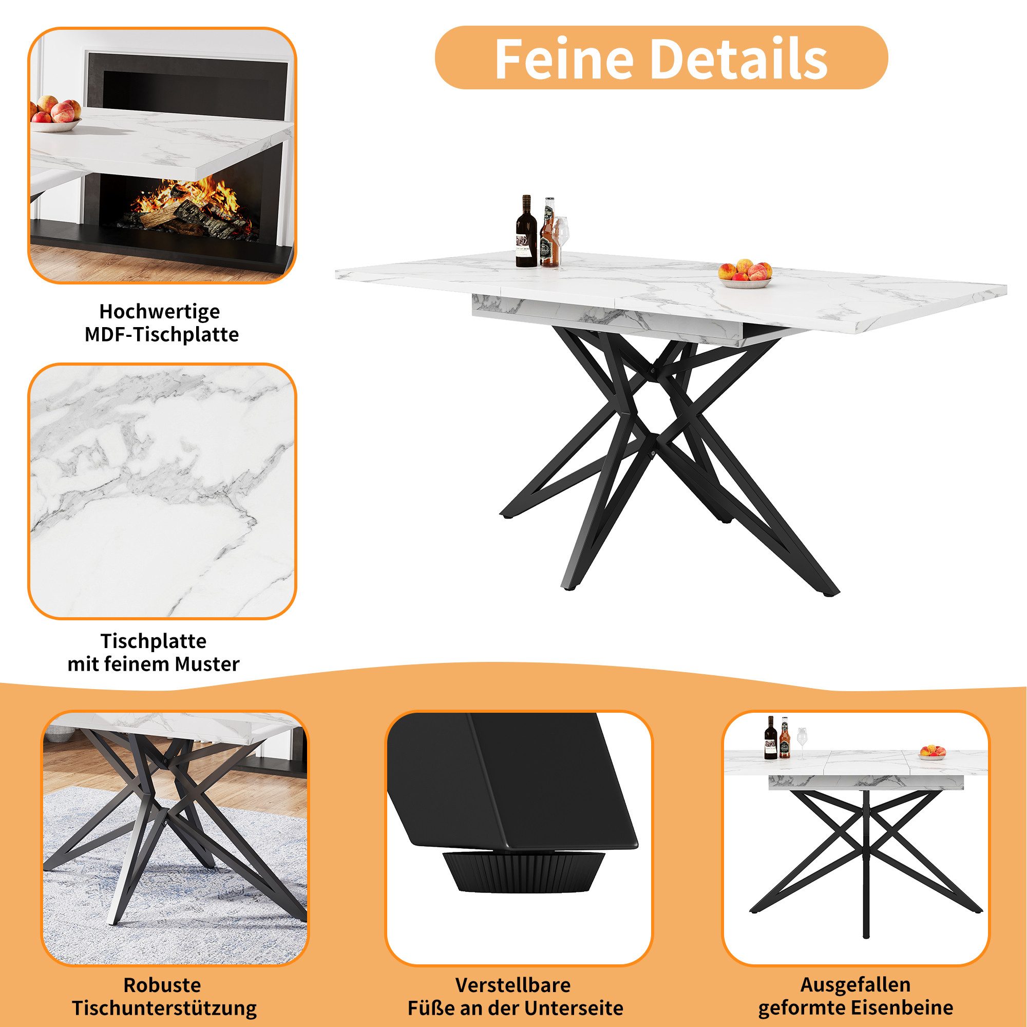 Celya Esstisch Ausziehbarer Esstisch 120 (160) x 80 cm, ausziehbarer Küchentisch (Tischplatte aus Walnussholz/Marmorimitat), Frühstückstisch, sternförmige Tischbeine, schwarze Eisenbeine