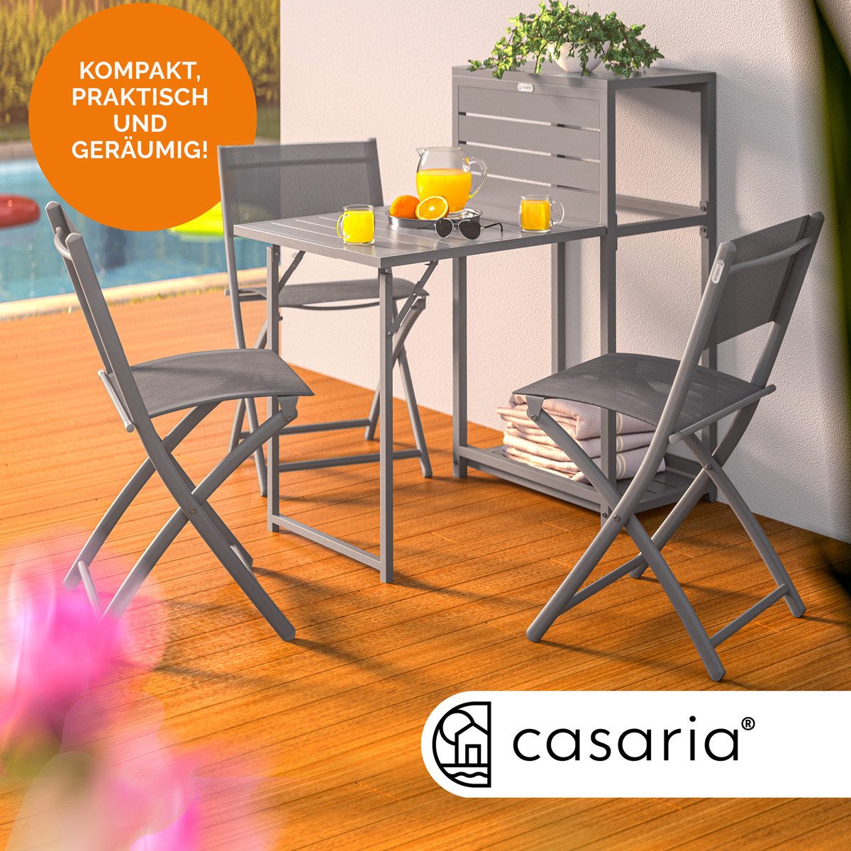 Casaria Balkonset, 3 Stühle Tisch Klappbar Platzsparend inkl. Rollen Wetter günstig online kaufen