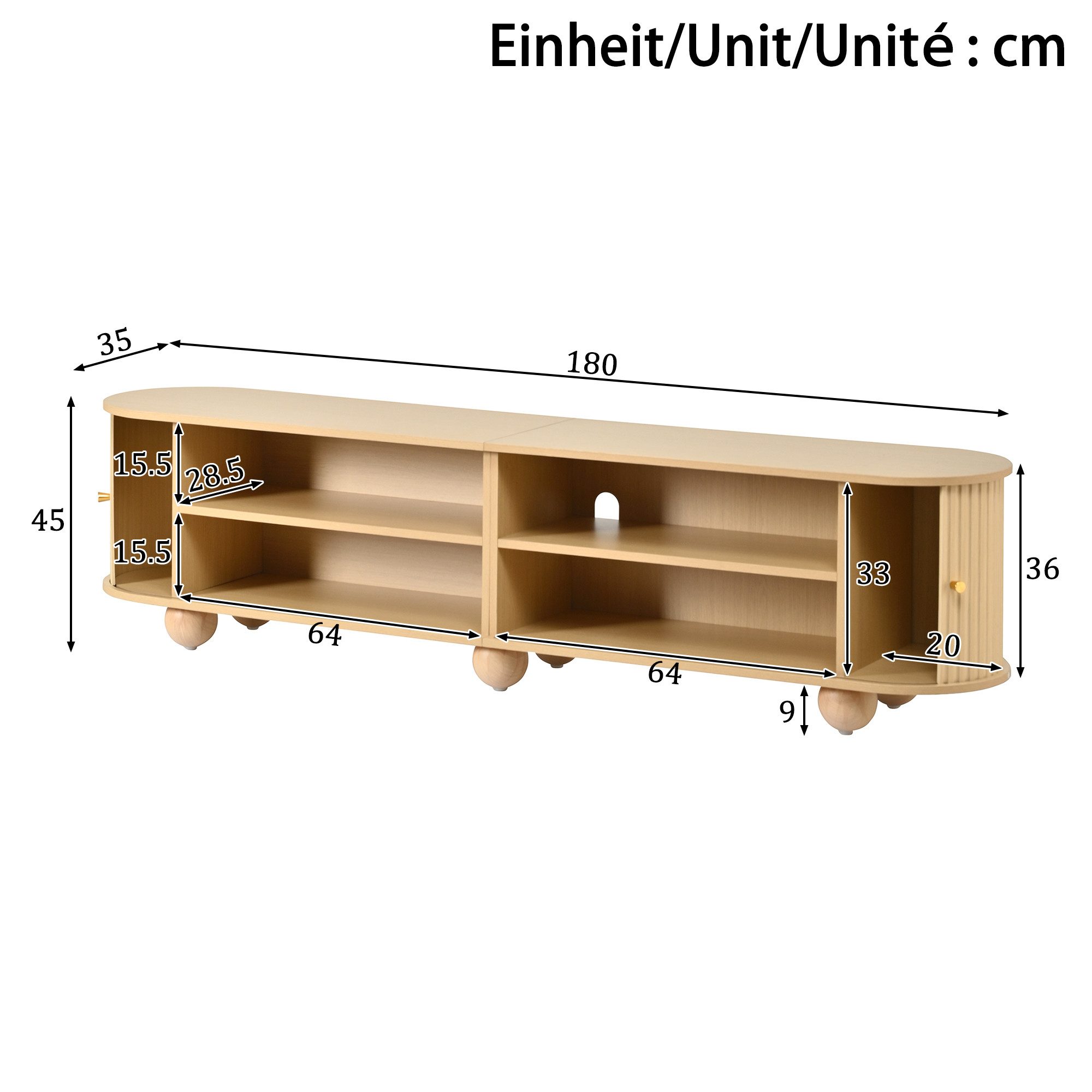 Celya TV-Schrank RundungenTV Lowboard mit Schiebetüren (Retro TV Möbel, Wohnzimmermöbel, mit Kugelfüße) Geeignet für Wohnzimmer