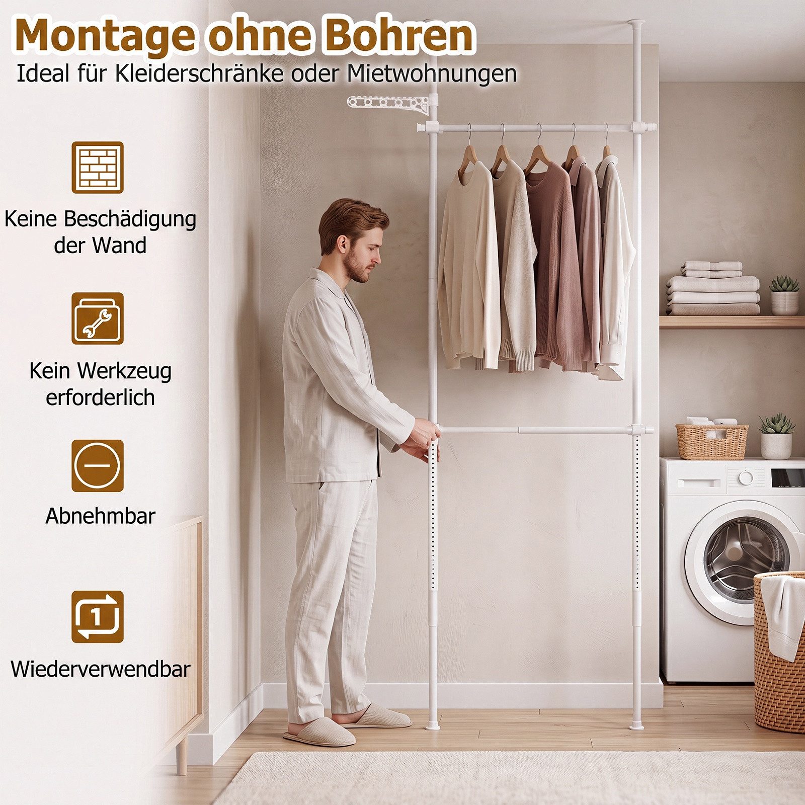 COSTWAY Kleiderständer Teleskopregal ohne Bohren Metall höhenverstellbar, 76-129 x 110-315 cm – Bild 4 von 5