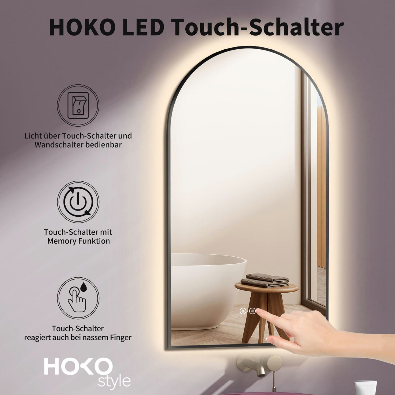 HOKO Badspiegel mit beleuchtung+Antibeschlag, Spiegel Gold / Schwarz mit Licht (50x90 / 60x100 cm, HOCH+QUER Montage. Badezimmerspiegel+Warmweiß-Kaltweiß-Neutral)