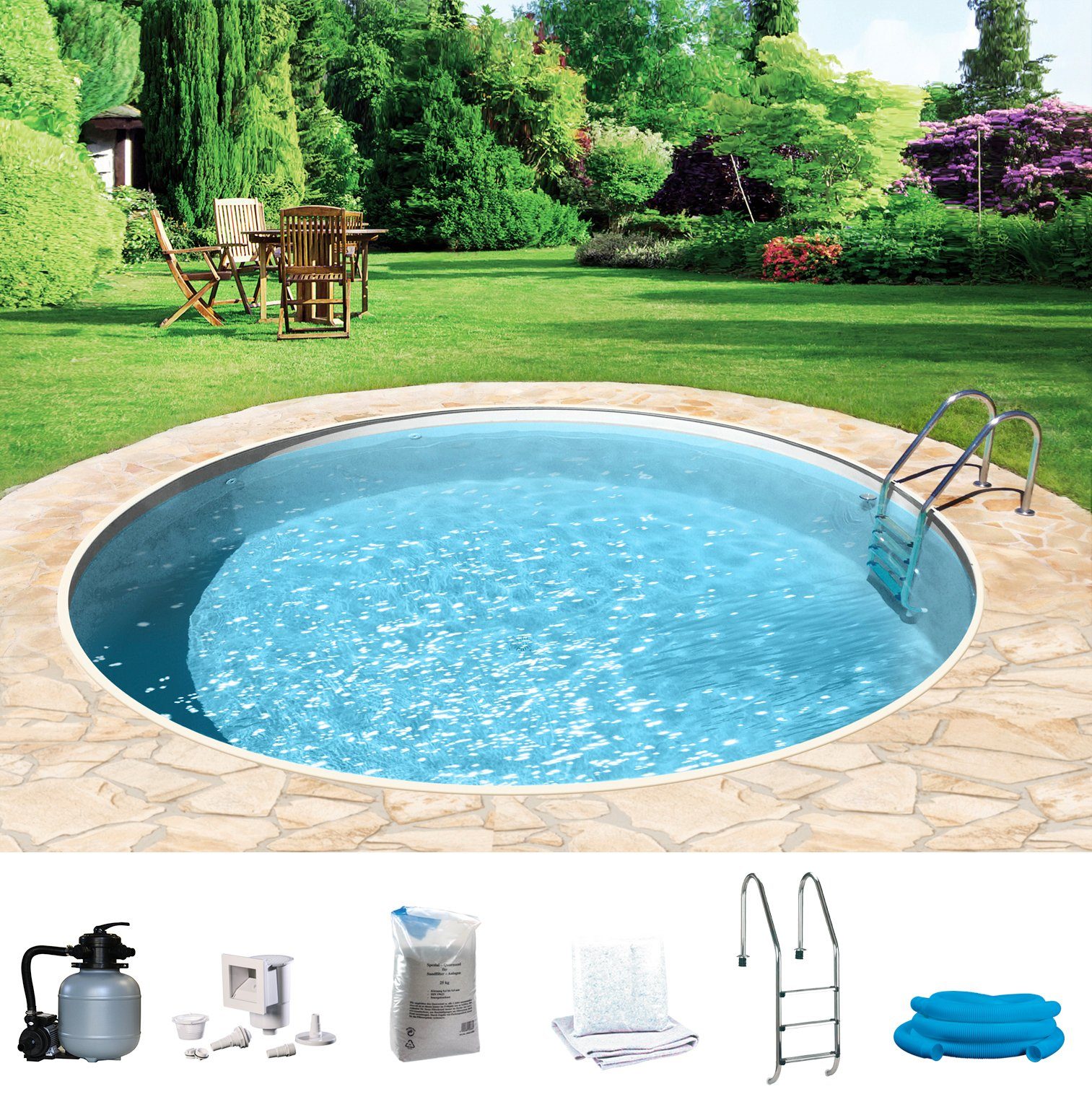 my POOL BWT Rundpool mit sandfarbener Folie für den Karibik Look (Komplett-Set, 7-tlg), Höhe: 150 cm, in versch. Größen verfügbar