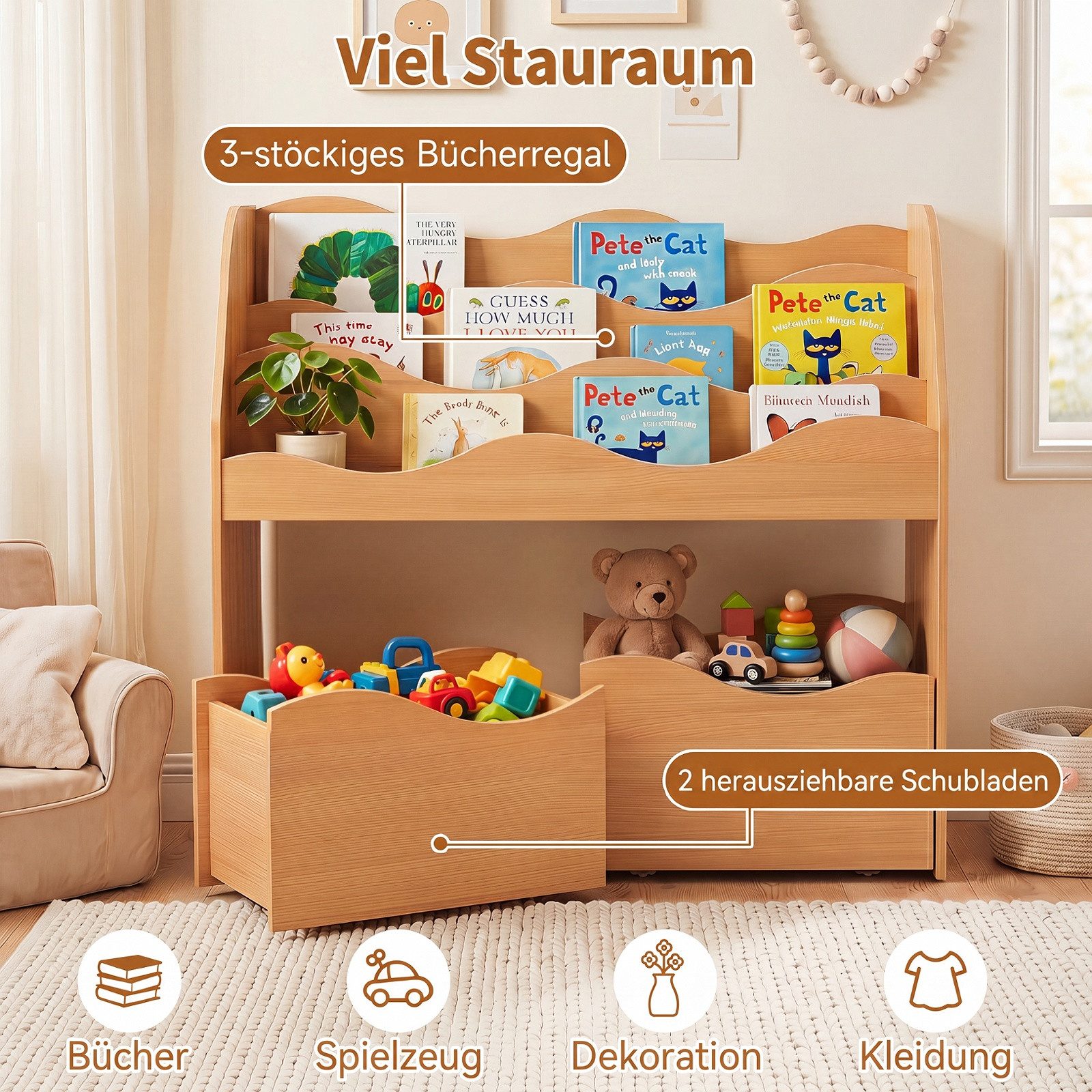COSTWAY Kinderregal, Bücherregal Kinder mit 2 Boxen auf Rollen