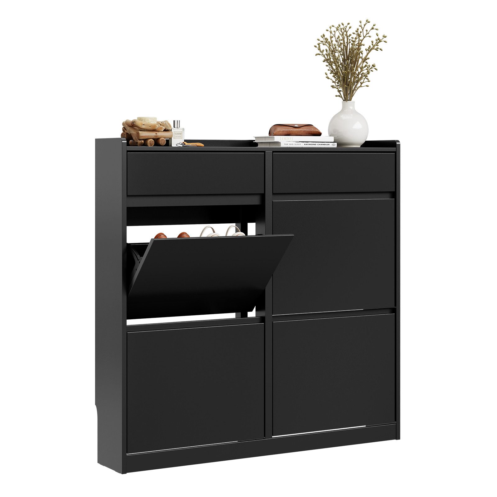 SoBuy Schuhschrank FSR169, Schuhkipper Schuhschrank schmal, Schuhregal, Schuhkommode mit 4 Klappen, 2 Schubladen, perfekt für schmale Flure, für 10 Paar