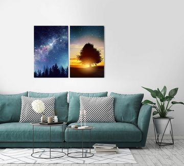 Sinus Art Leinwandbild 2 Bilder je 60x90cm Sterne Sternenhimmel Sommernacht Baum Milchstraße Tannenwald Träumerisch