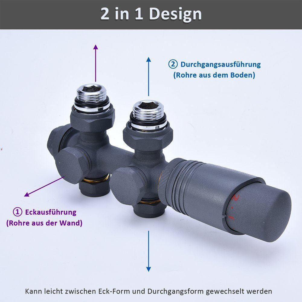 XERSEK Heizkörperthermostat Eck- und Durchgangsform Thermostat, Handtuchtrockner für Multiblock Heizkörper Anthrazit Ventil und mit (Anschlussarmatur für Heizungszubehör) Hahnblock Heizkörper