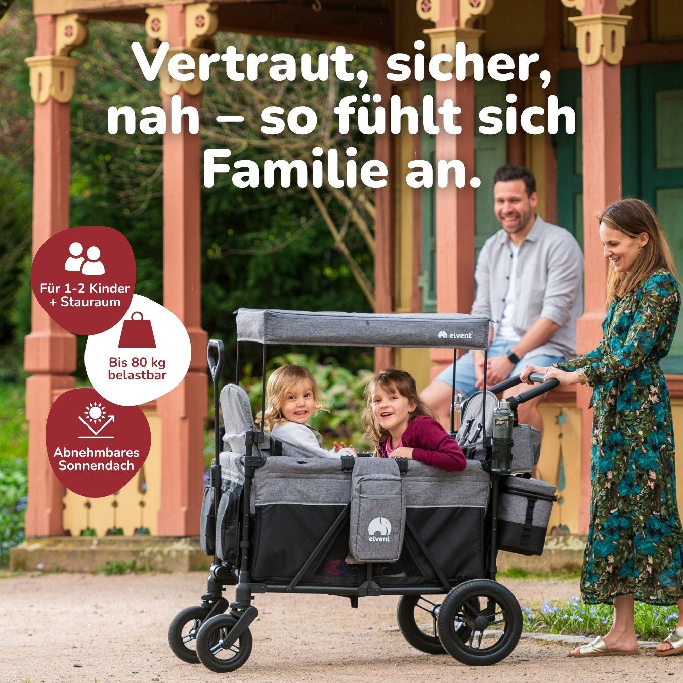 elvent Bollerwagen ComfortPlus 2, Kompakt faltbar, Für bis zu 2 Kinder, Ideal für Ausflüge und Alltag