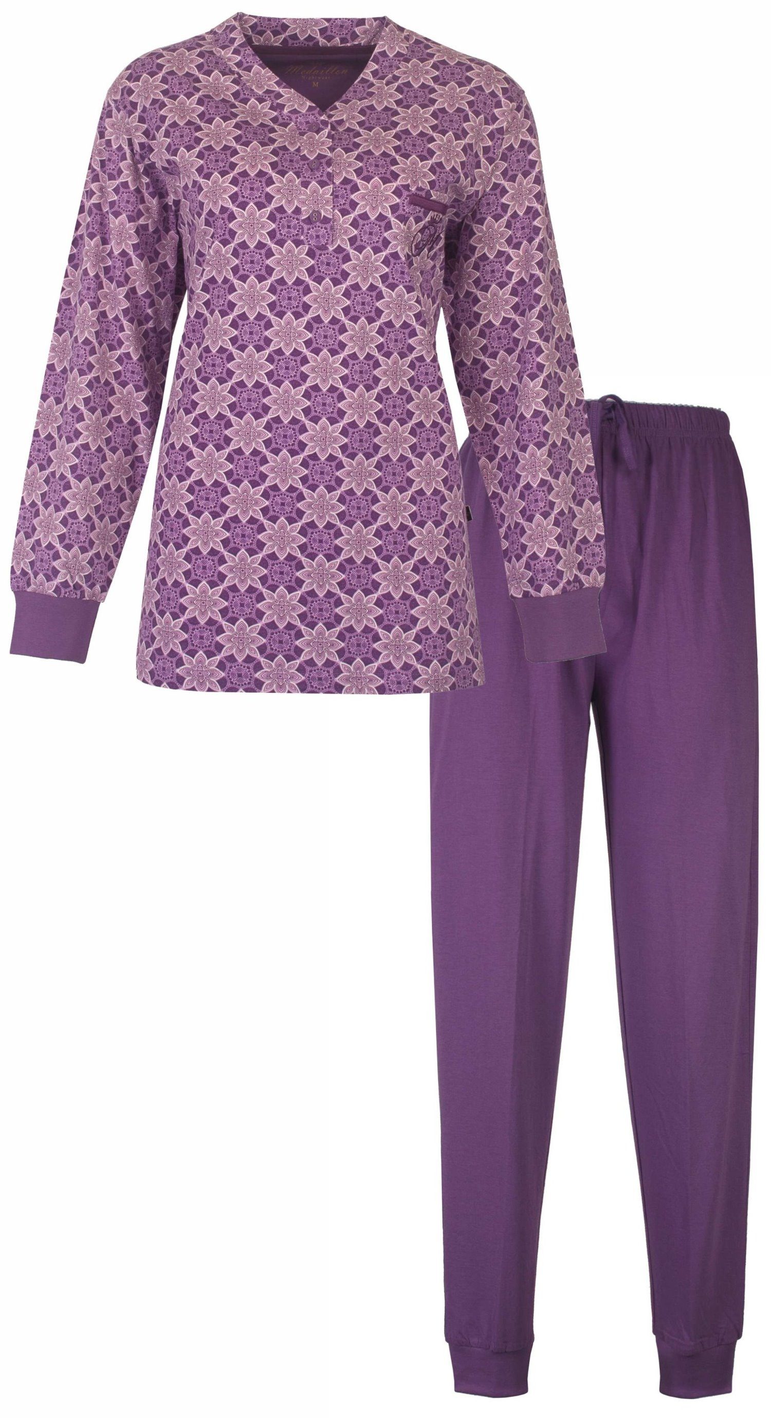 Medaillon Schlafanzug Damen Pyjama lang mit Bündchen (2 tlg) Baumwolle