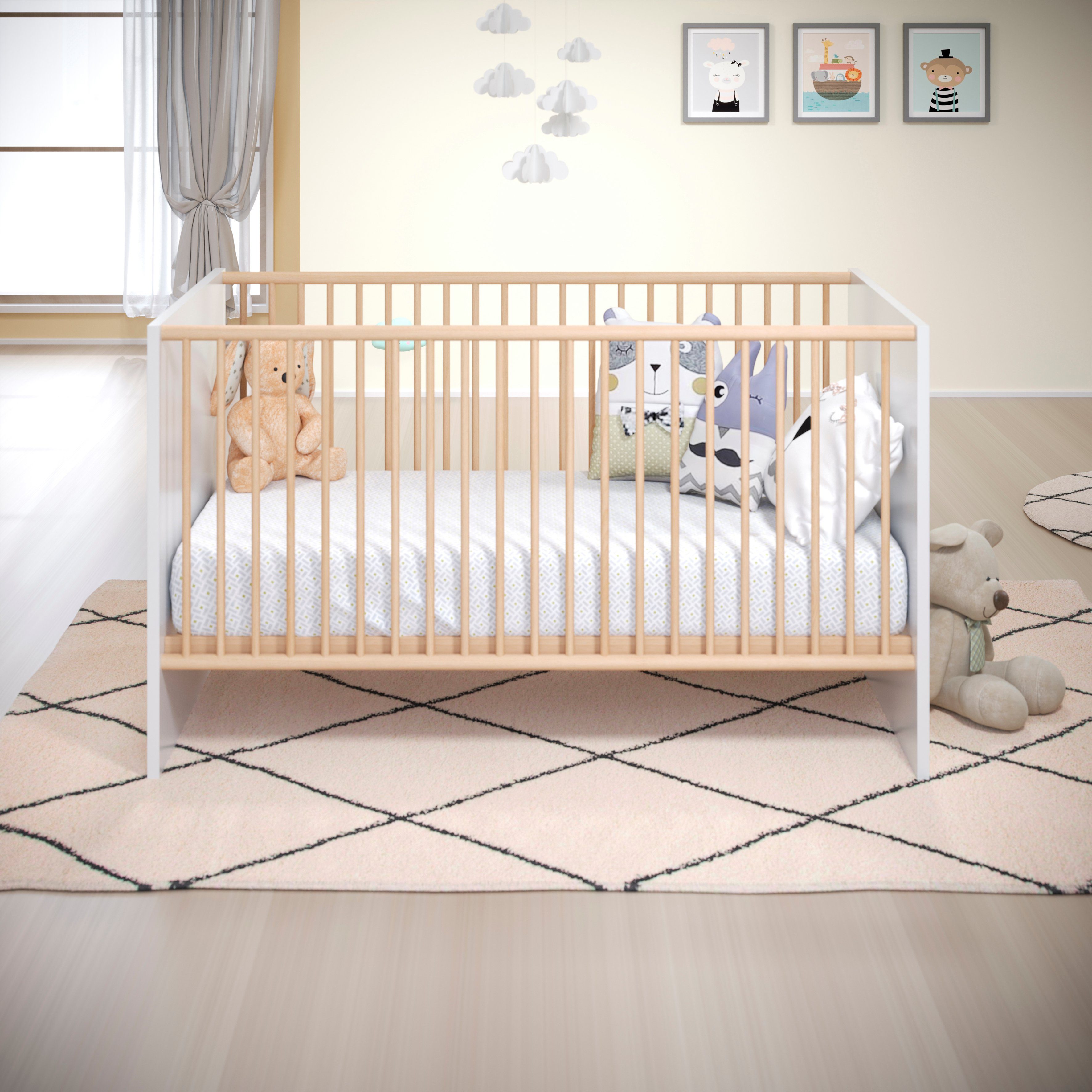 Babymöbel-Set Sägerau Schrank) (Set, 3-St., Melamin/Eiche trendteam Bett, Weiß Wickelkommode, Mats,