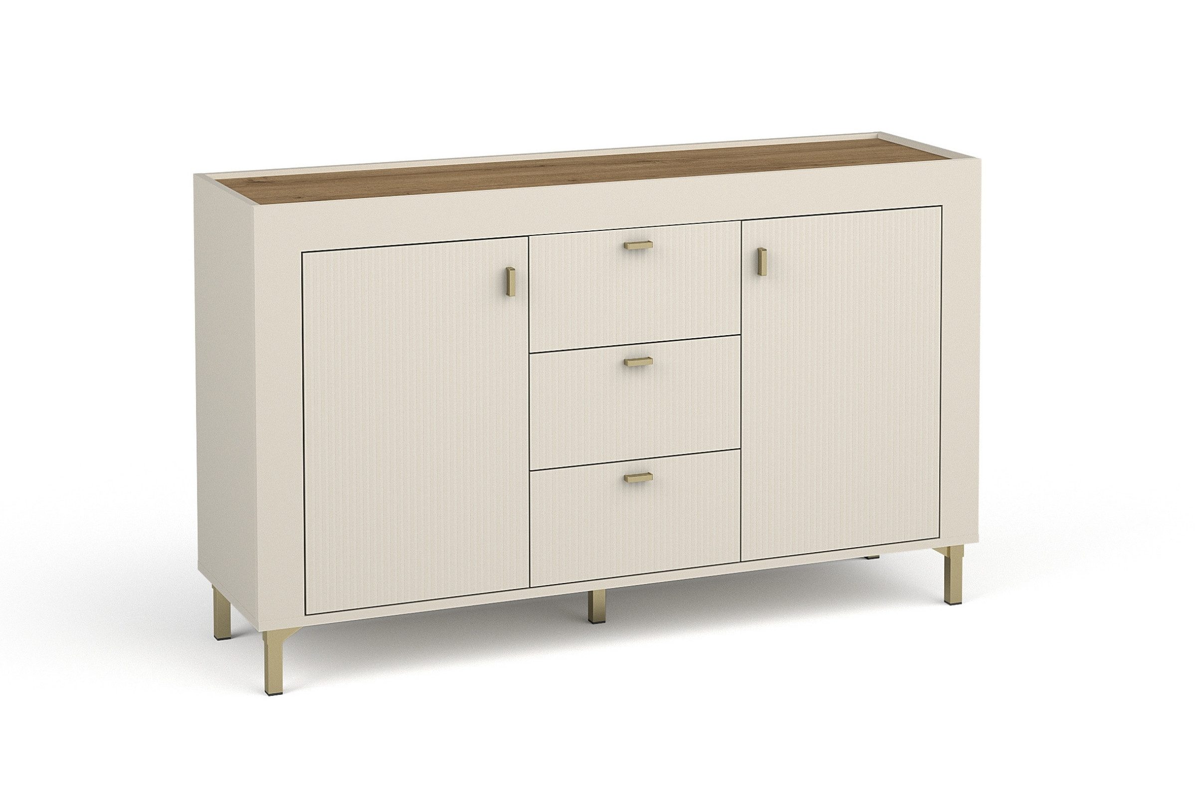 Deine Möbel 24 Kommode MONI 06 Sideboard mit 2 Türen und 3 Schubladen, 137,3 cm breit (Set, 1 St., MONI - Kollektion, in Kaschmir, Weiß & Schwarz mit Eiche Whiskey), ideal für Wohnzimmer, Esszimmer, Flur, Schlafzimmer & Jugendzimmer