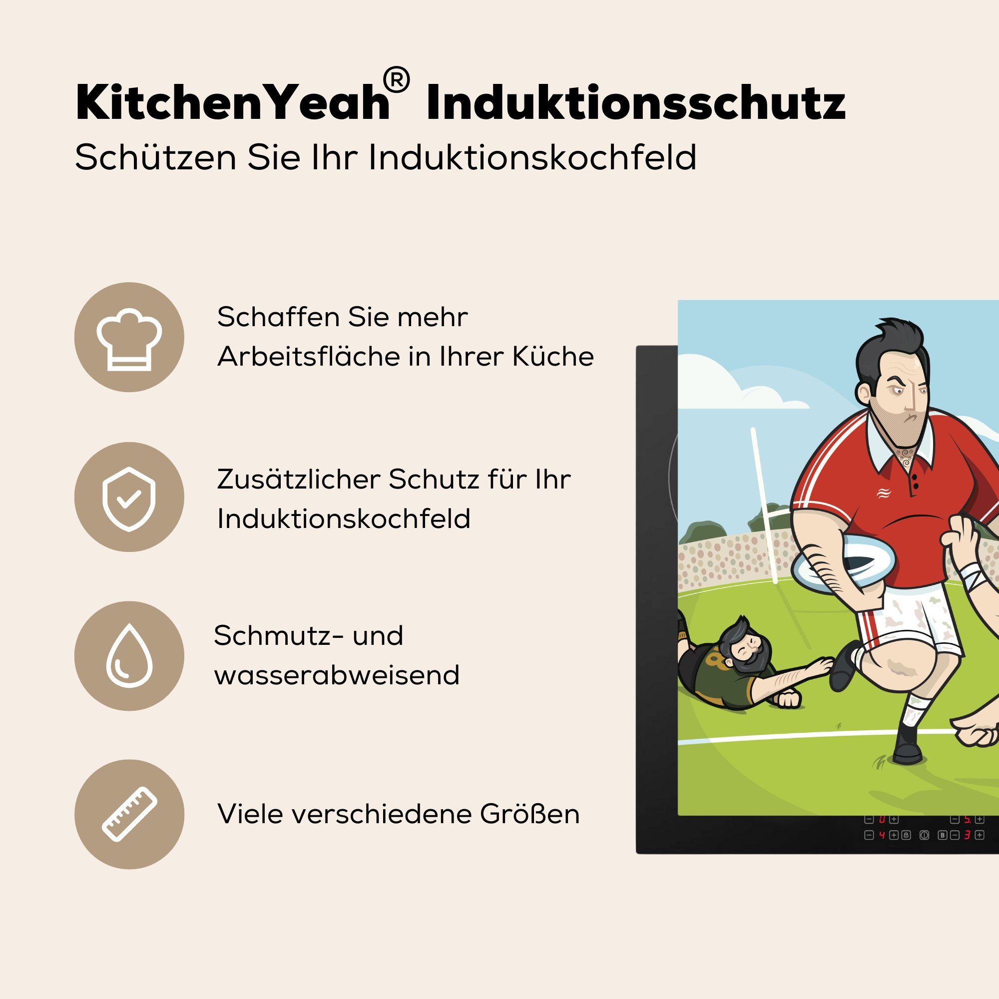 Ceranfeldabdeckung, beim für Rugby, MuchoWow Arbeitsplatte tlg), Eine Herdblende-/Abdeckplatte (1 in Illustration Mannes Aktion cm, küche 78x78 eines Vinyl,