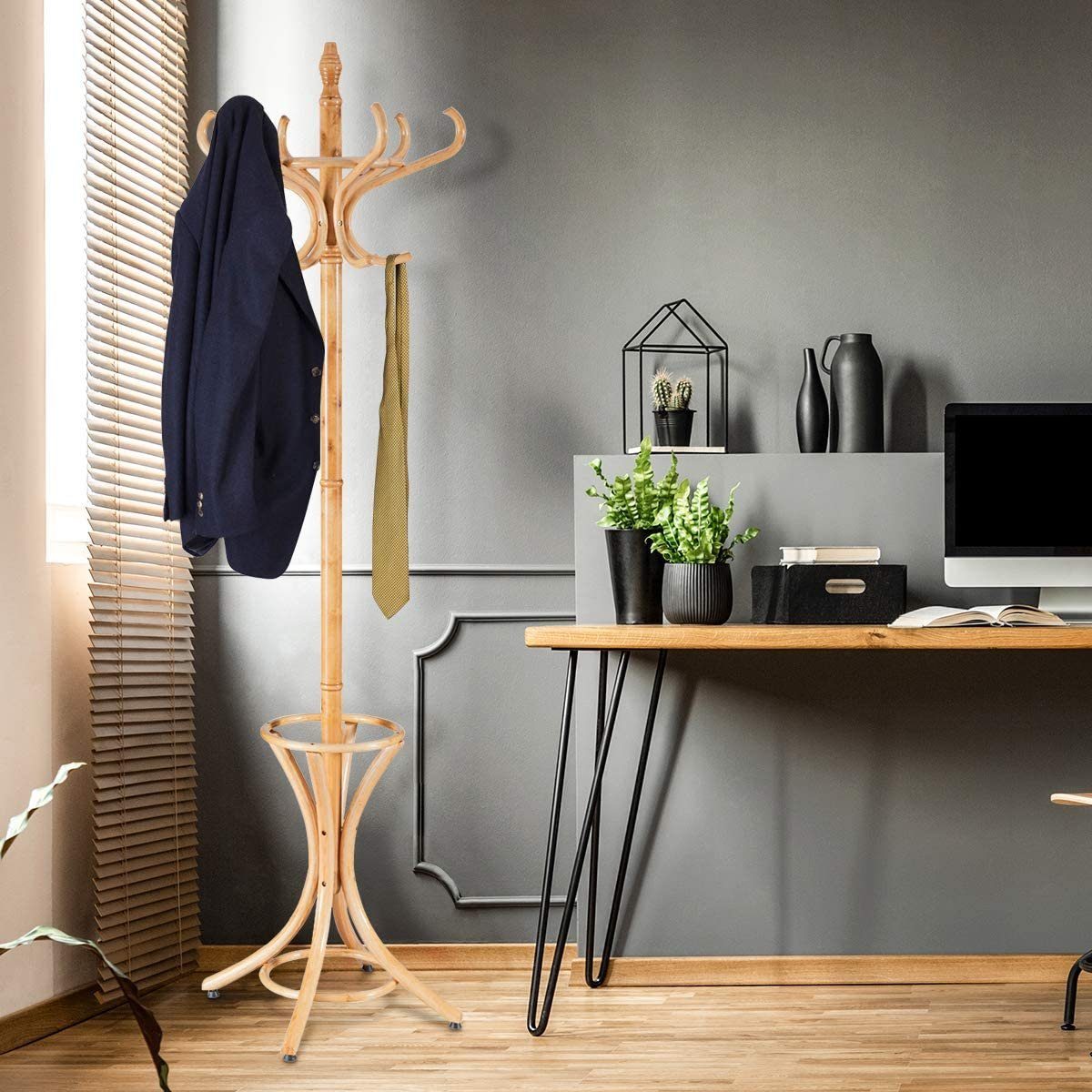 COSTWAY Garderobenständer, 184cm, mit Schirmständer und 12 Kleiderhaken günstig online kaufen