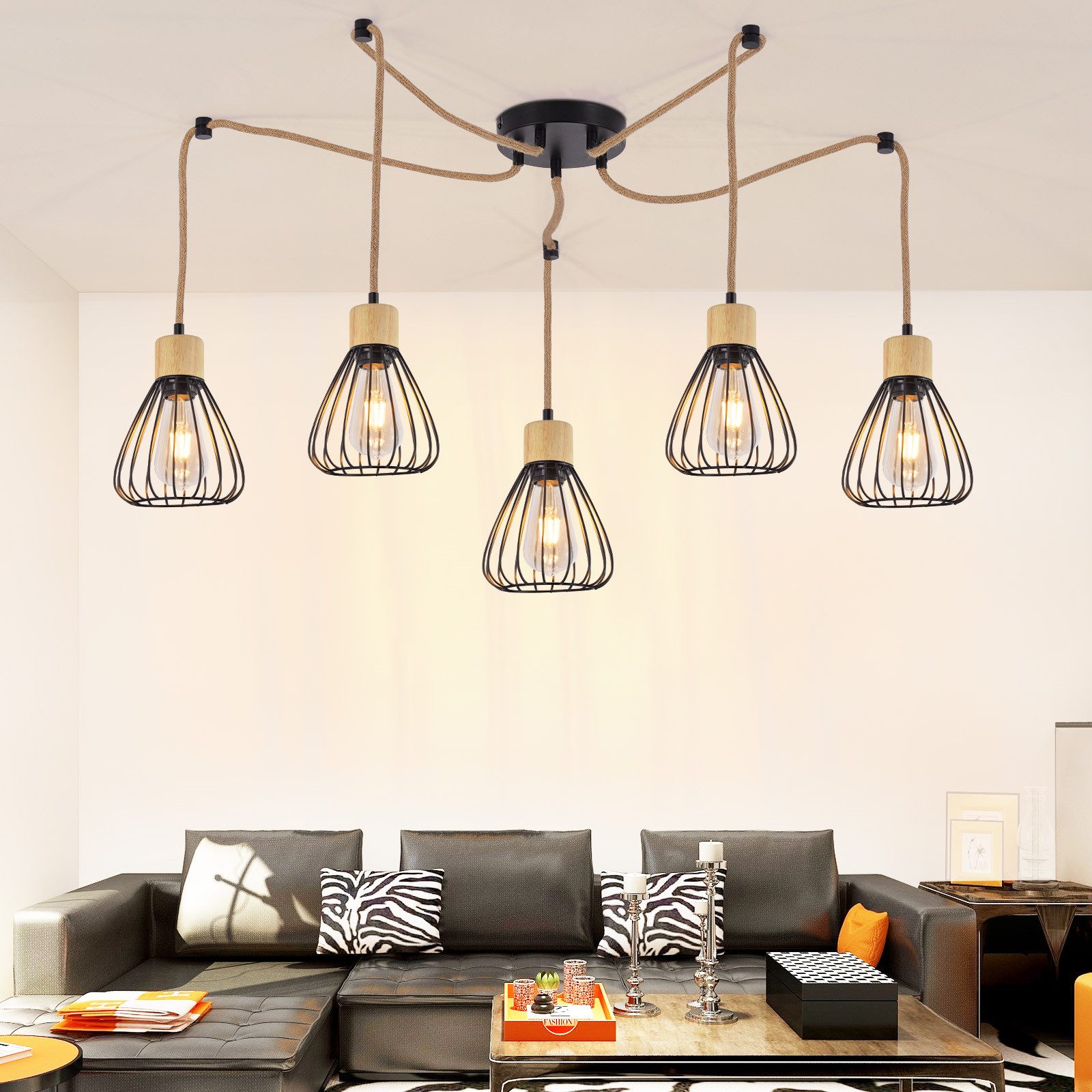 ZMH Pendelleuchte Esszimmer Schwarz Retro Hanfseil aus Holz E27 Hängelampe Treppenhaus, Einfache Installation, ohne Leuchtmittel, 5 Flammig Industrial Metall Hängelampe für Wohnzimmer