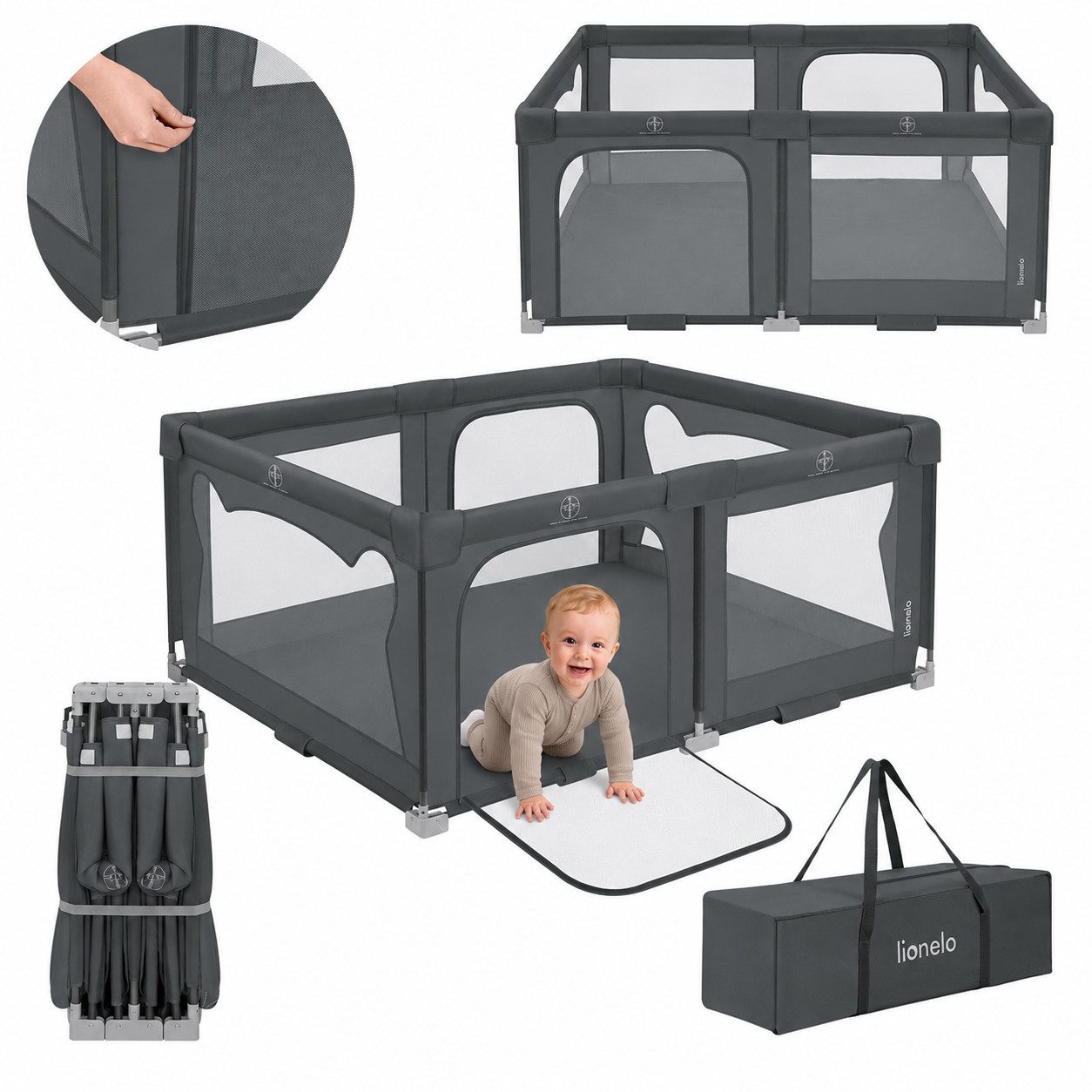 lionelo Laufgitter FLORENCE EASY FOLD (Set: Laufgitter + Tragetasche), Easy Fold/150x180 cm/Netz/2 Eingänge/Tasche/klappbar