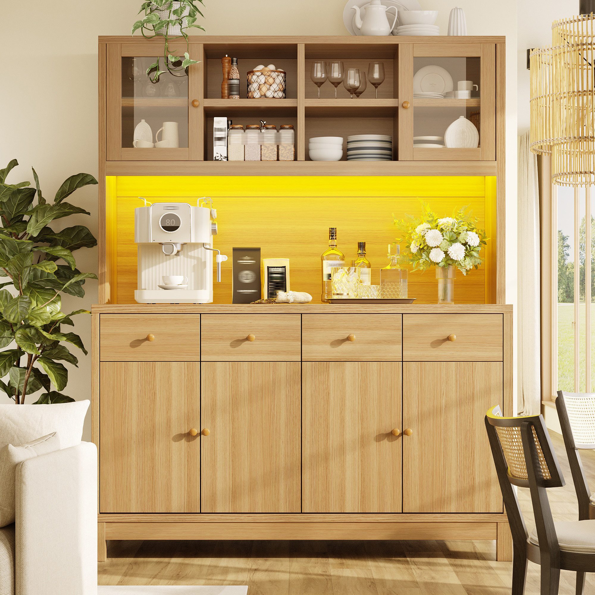 Flieks Küchenbuffet Hochschrank mit App-gesteuerter RGB-LED, Glastüren, 4 Schubladen (mit Arbeitsplatte in Holzoptik, 1-St., 140x40x180 cm) Küchenschrank Mehrzw – Bild 3 von 5