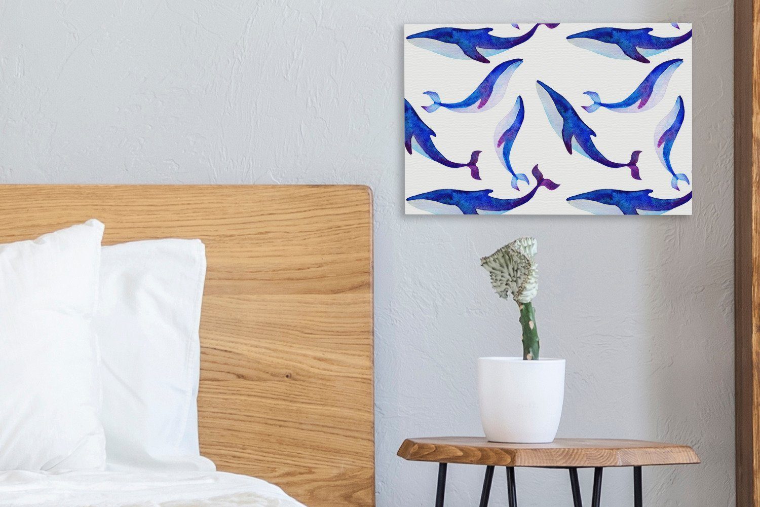 OneMillionCanvasses® Walen einem Leinwandbilder, (1 einem Leinwandbild Aufhängefertig, auf Wanddeko, 30x20 blauen mit Illustration von weißen, Muster St), cm Wandbild
