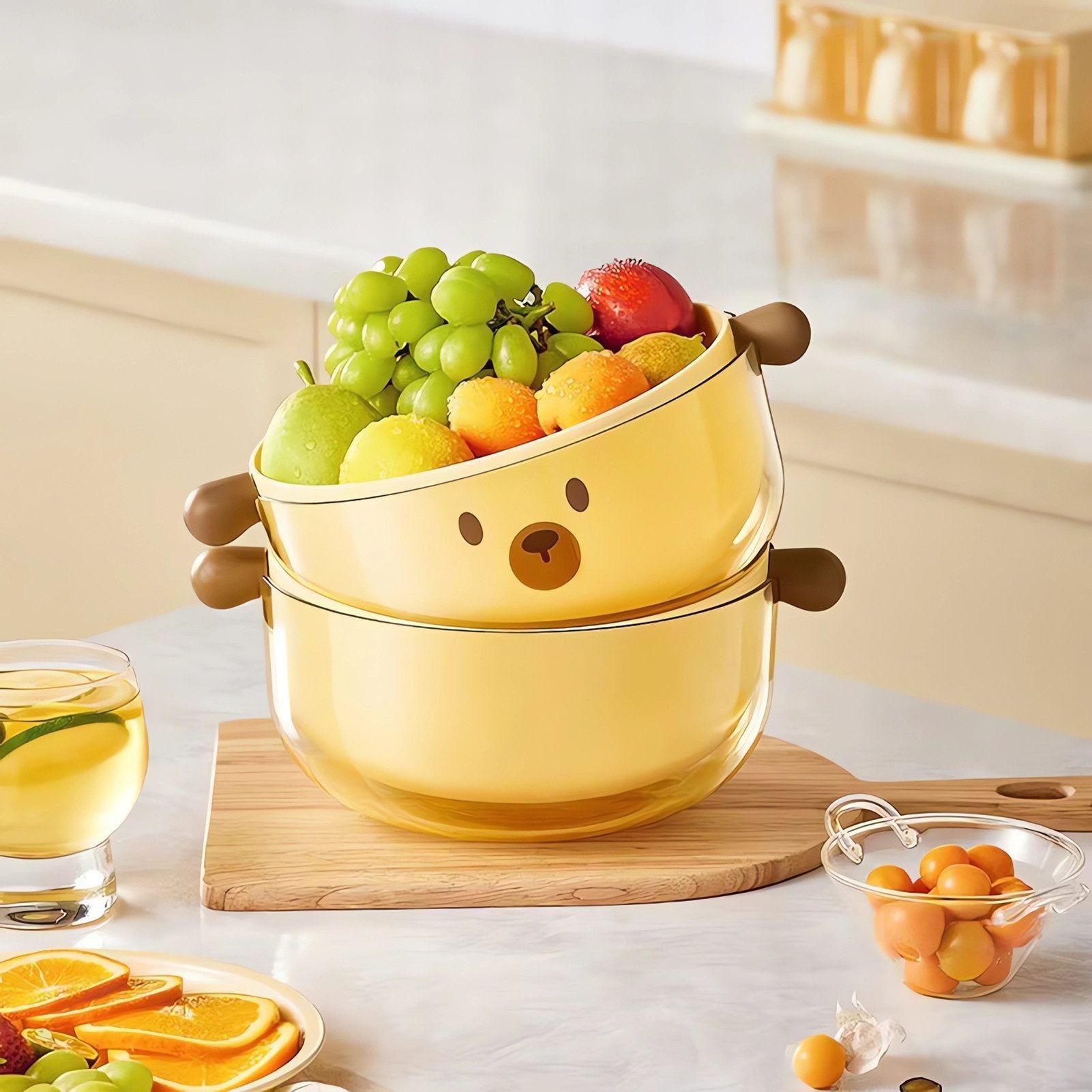 Jumpeak Obstschale Cartoon, abnehmbar, Aufbewahrungsbox, Gemüse waschen, Abtropfkorb, PP+PET, (Set), modern, einfach, Zuhause, Küche, Griff, Staubschutz, rutschfest