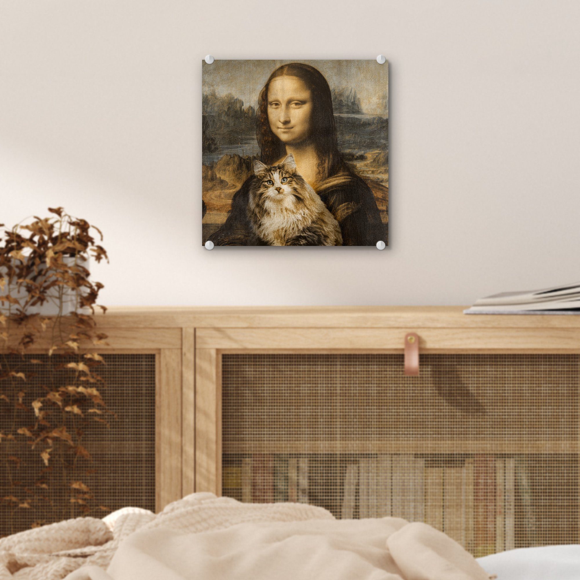 da - - Wandbild Mona MuchoWow Bilder Wanddekoration - Lisa bunt Katze Leonardo Vinci - Glasbilder Acrylglasbild (1 - Foto Alte, Glas auf - Vintage St), Kunstwerk - auf - Glas