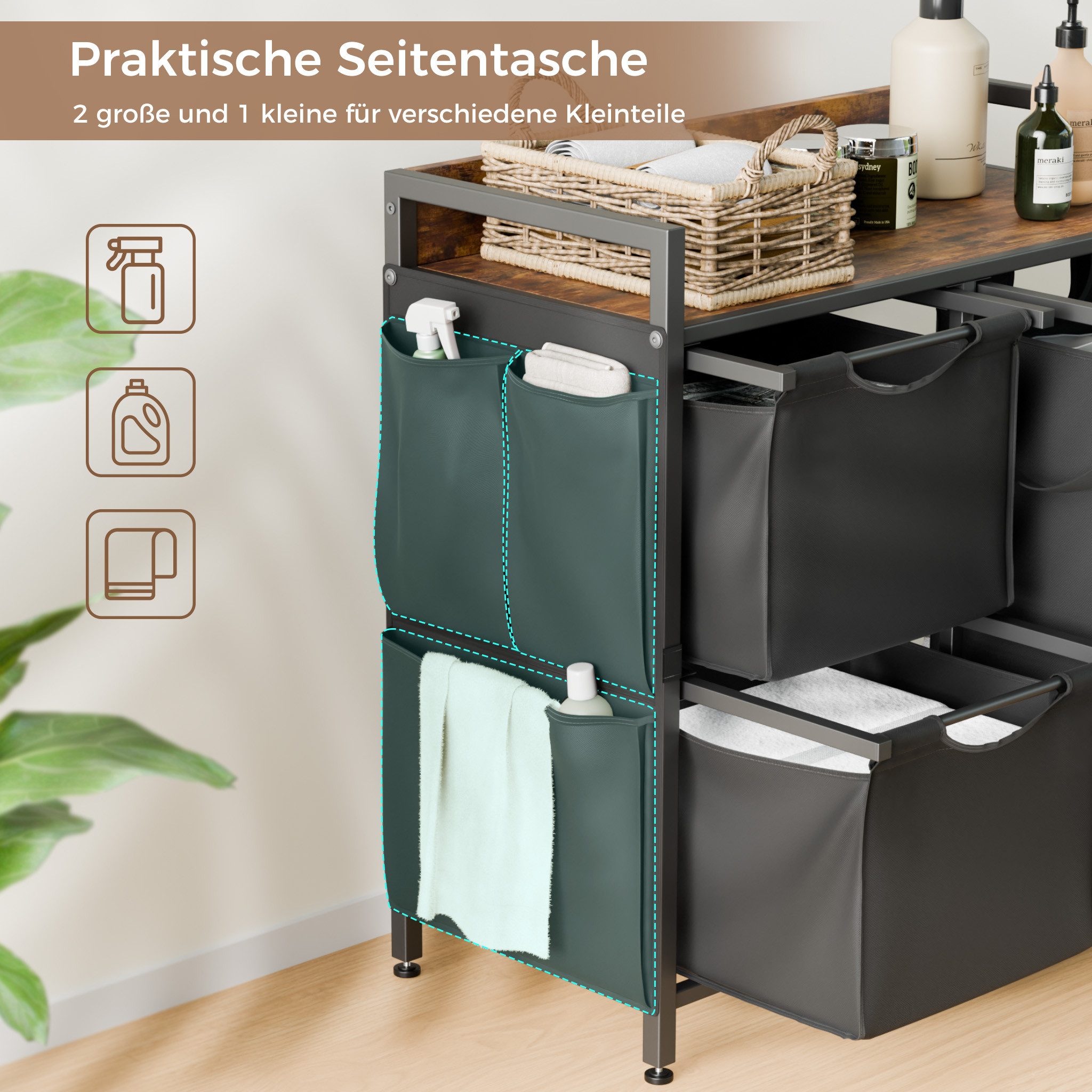 Mondeer Wäschekorb Metallgestell Wäschesammler (4 St., 150L), mit 4 abgetrennten Säcken, mit Ablage & austauschbaren Rollen – Bild 4 von 5