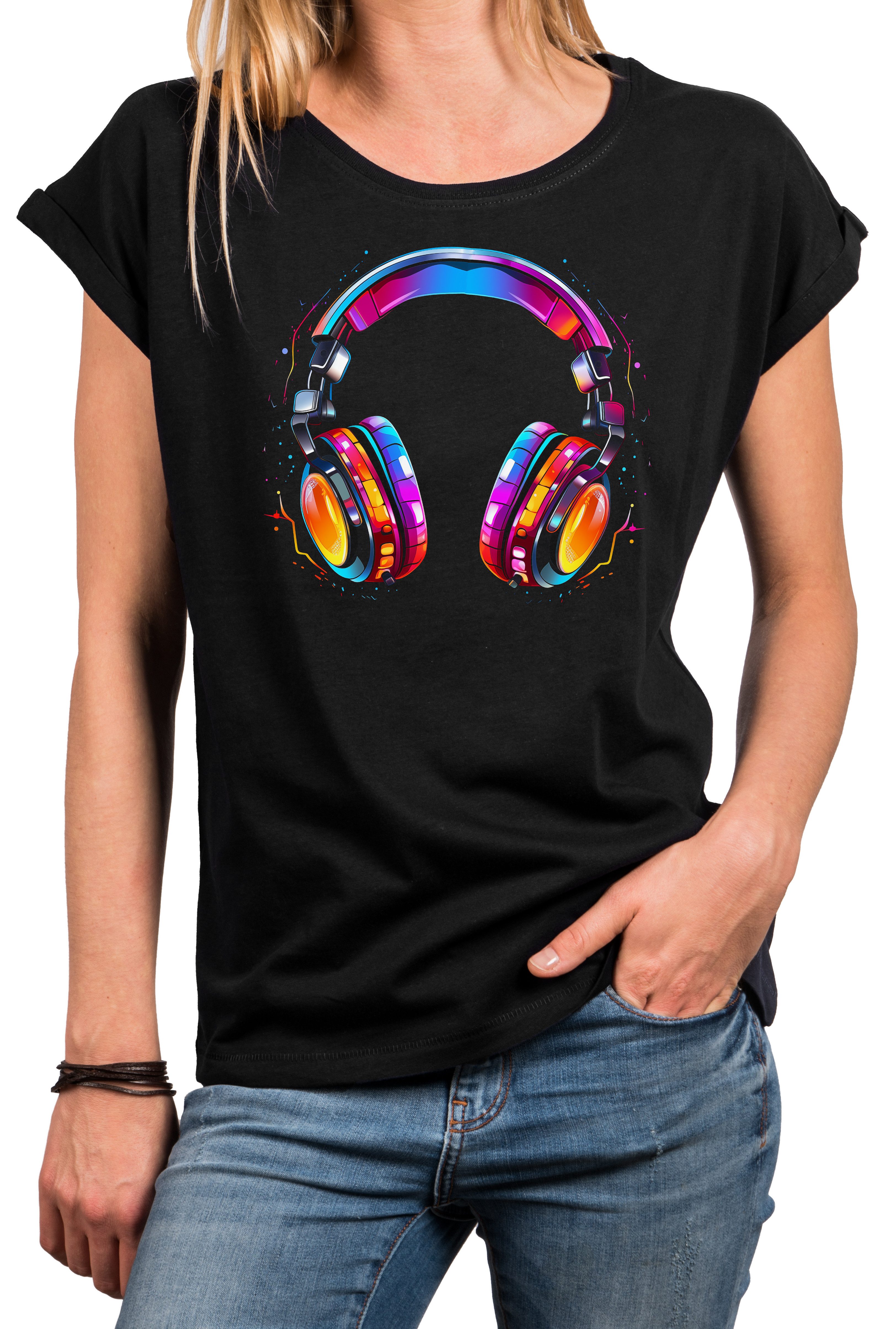 MAKAYA Print-Shirt Damen Top für Musik Fans Kopfhörer Design Hip Hop Outfit Mädchen (Schwarz, Blau, Grau, Grün, Weiß, 34, 36, 38, 40, 42, 44, 46, 48, 50) aus Baumwolle
