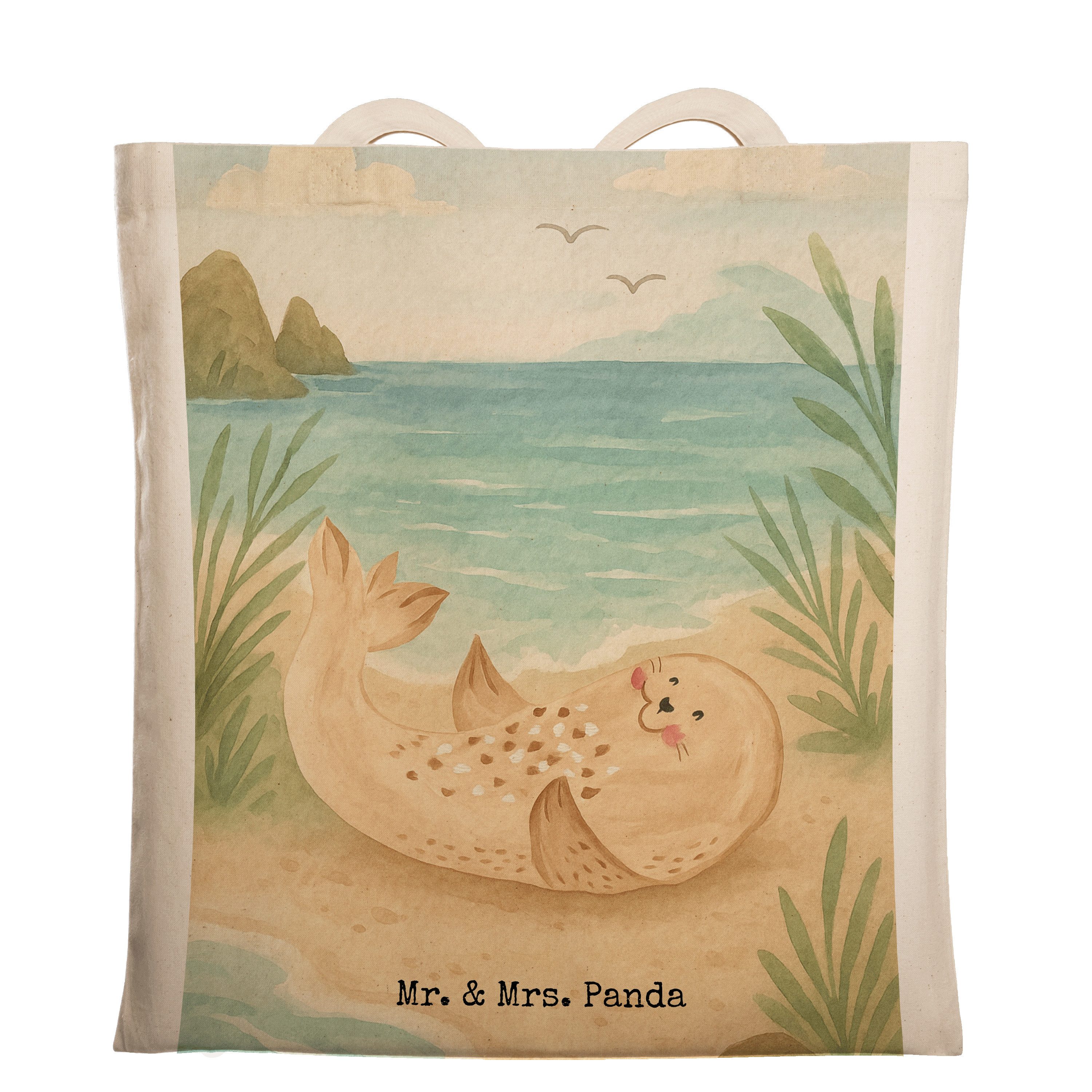 Mr. & Mrs. Panda Tragetasche Robbe Liegen Design, Tote Bag, Weiß, Bag, Uni Tasche, Stoffbeutel, St (Packung), Büchertasche Strand totebag
