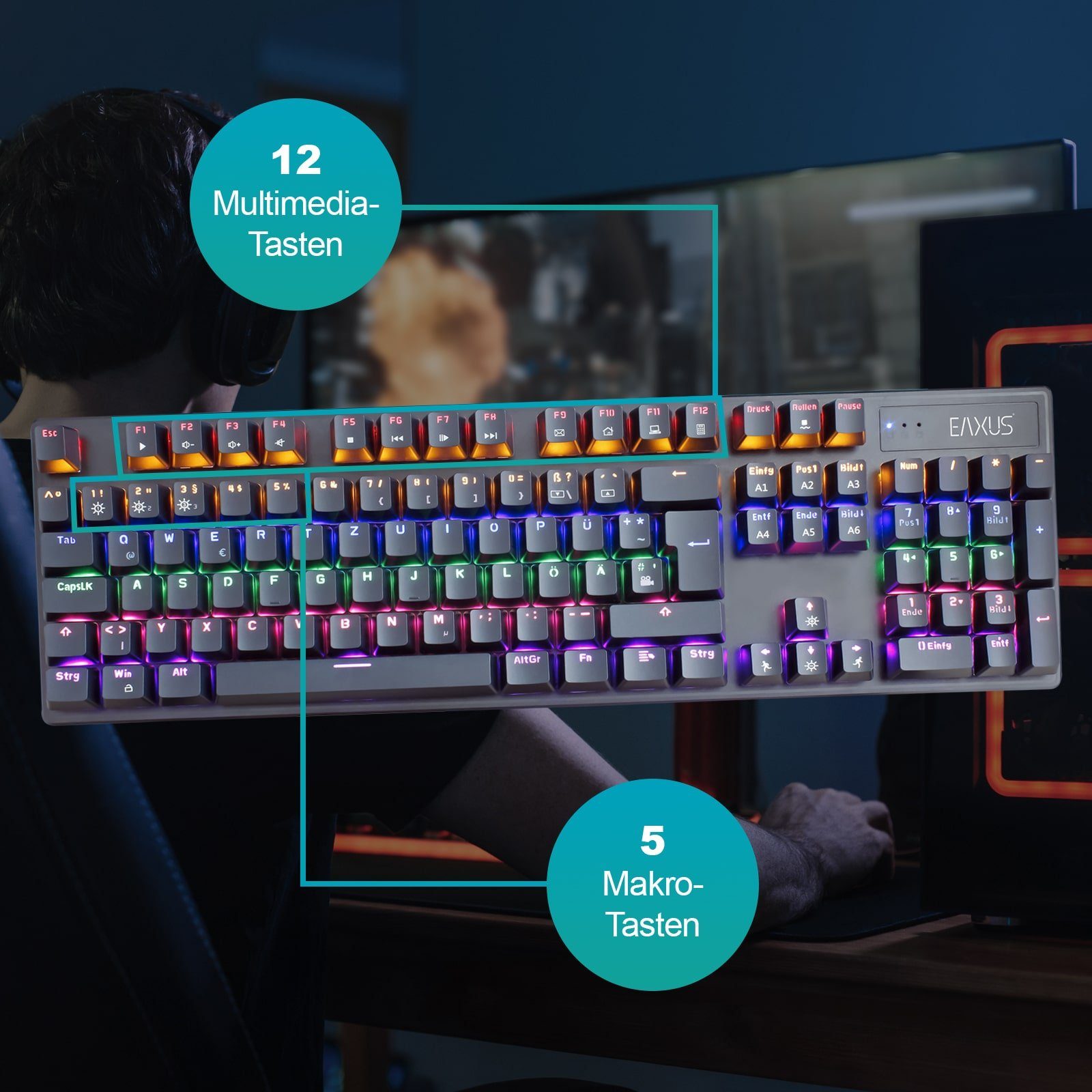 EAXUS Mechanische Gaming Tastatur + Ergonon Vertikale Hochkantmaus Tastatur- und Maus-Set, (Set aus Tastatur + Maus), ergonomische Maus