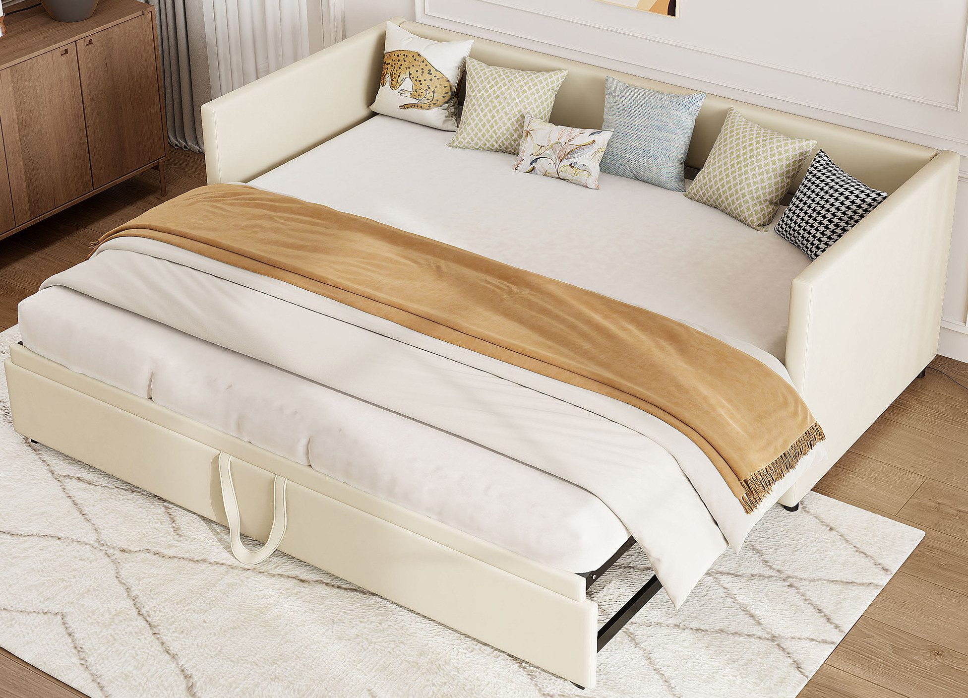 FUROKOY Polsterbett Daybett Tagesbett Schlafsofa Ausziehbares mit Bettfunktion (Packung, 1-tlg., Ausziehbarer Bettrahmen), 90x200 cm/180x200 cm,Gepolstert,Beige,Samt,Multifunktionsbett