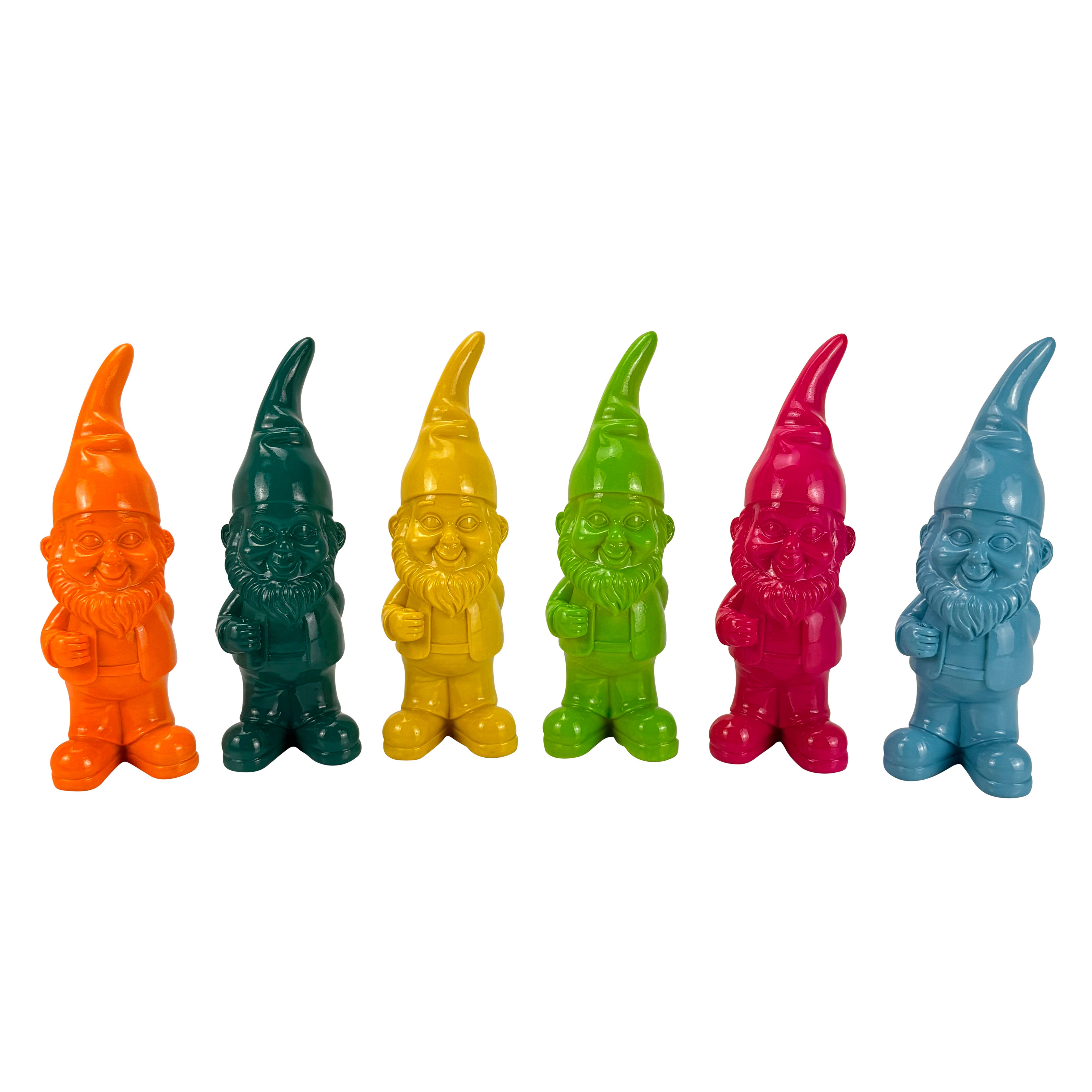 Online-Fuchs Gartenfigur für draußen - 6 lustig bunte Gartenzwerge, Wichtel - 17,5 cm groß, (inklusive Holzstecker mit Herz, 6 knallige Farben), Deko Figuren für Frühling, Sommer und Herbst - 6er Set!!!!