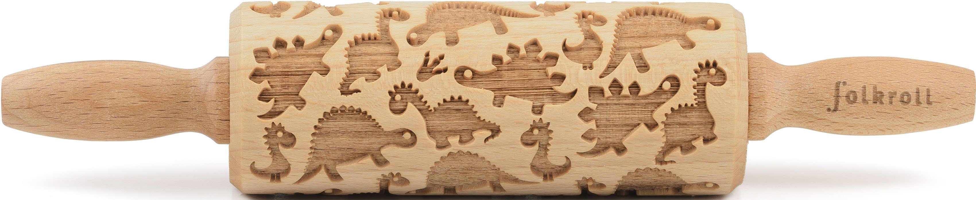 folkroll Teigroller 3D-Motiv-Teigrolle Buchenholz, Dinosaurier