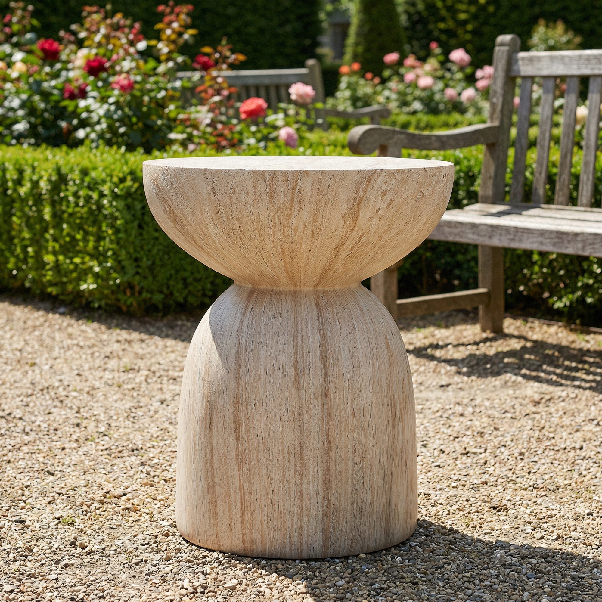 Flieks Gartentisch runder Beistelltisch aus MgO für den Außenbereich, Outdoor, Balkon (B45xH52,5 cm, 1-St., 1 Tsich), Esstisch Terrassentisch Couchtisch Balkontisch Travertinoptik