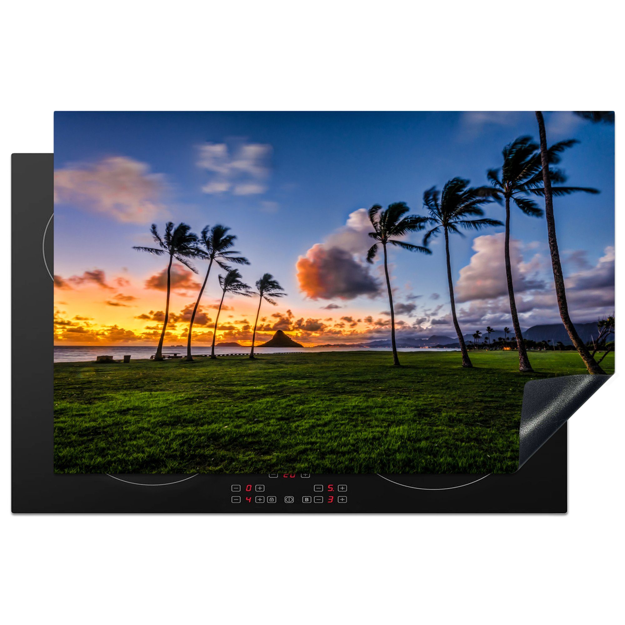 MuchoWow Herdblende-/Abdeckplatte Sonnenuntergang über einer Reihe von Palmen auf Hawaii, Vinyl, (1 tlg), 81x52 cm, Induktionskochfeld Schutz für die küche, Ceranfeldabdeckung