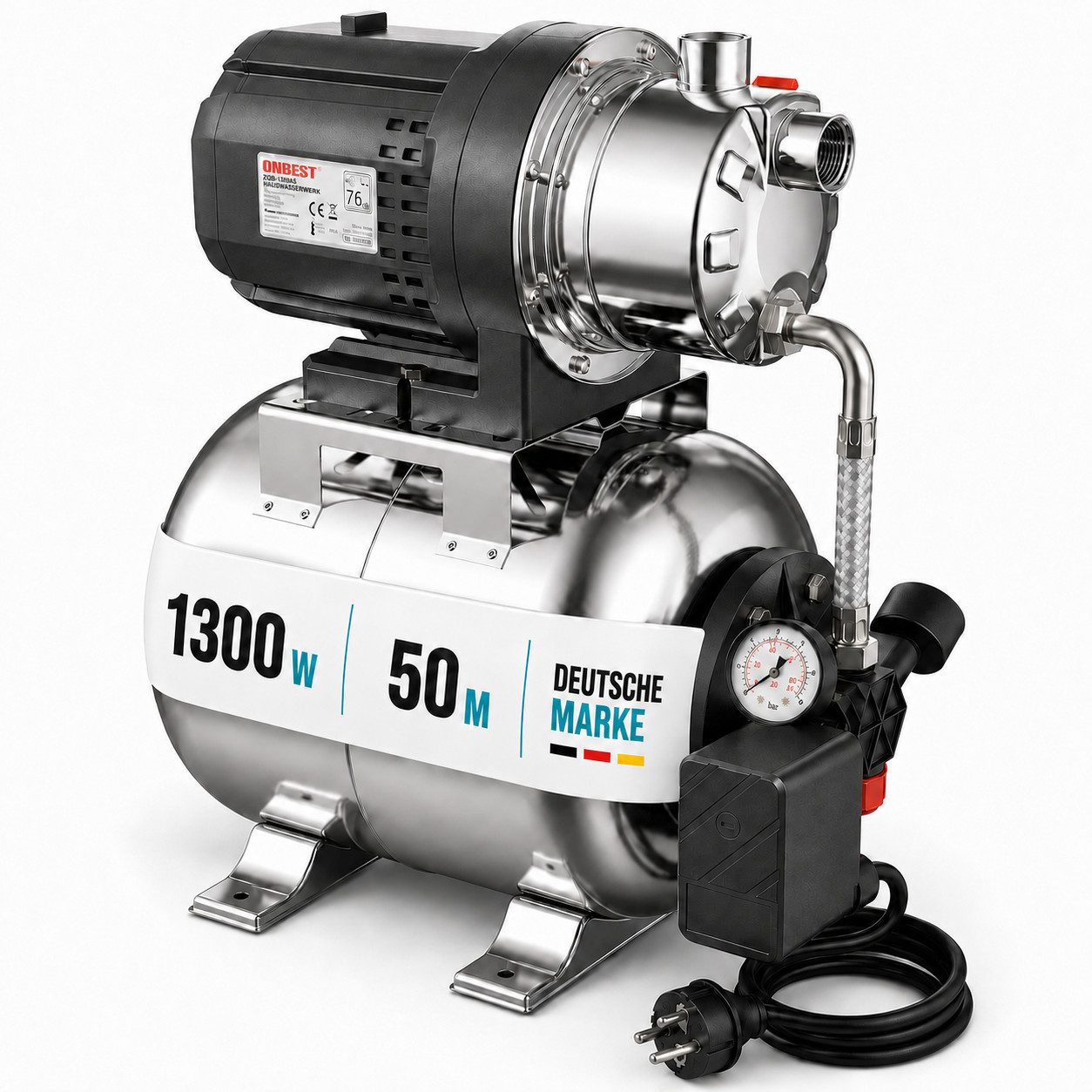 Onbest Hauswasserwerk HW-1350VA Premium aus Edelstahl, Manometer, 1300W, 24 Liter, 230V, 50m Förderhöhe