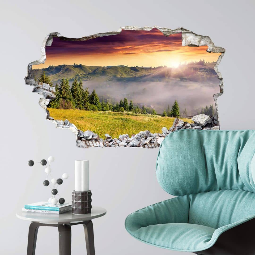 K&L Wall Art Wandtattoo 3D Wandtattoo Aufkleber Gebirge Landschaft  Wandsticker Bergtal im Nebel, Mauerdurchbruch Wandbild selbstklebend