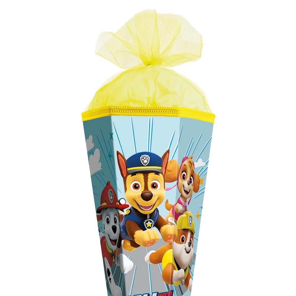 Roth Schultüte Paw Patrol, 85cm, eckig, mit Rot(h)-Spitze und gelbem Tüllverschluss, Hundeabenteuer, gelber Tüll, ROT(H)-Spitze, eckige Form, Schulstart