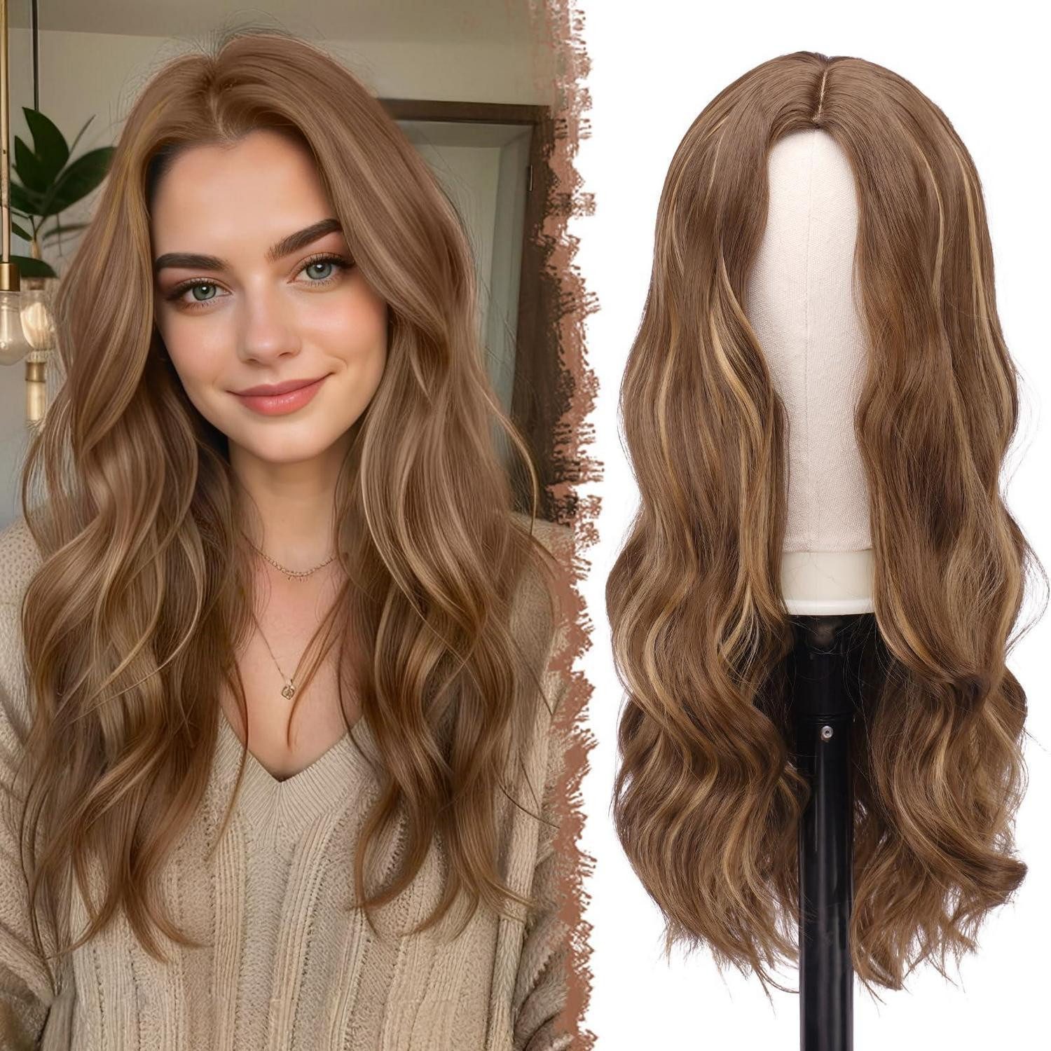 LuxusKollektion Kunsthaarperücke Perücke Damen lang lockig Mittelscheitel Braun Gemischt Blond 60 cm