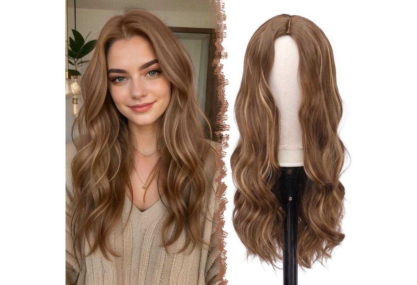 LuxusKollektion Kunsthaarperücke Perücke Damen lang lockig Mittelscheitel Braun Gemischt Blond 60 cm