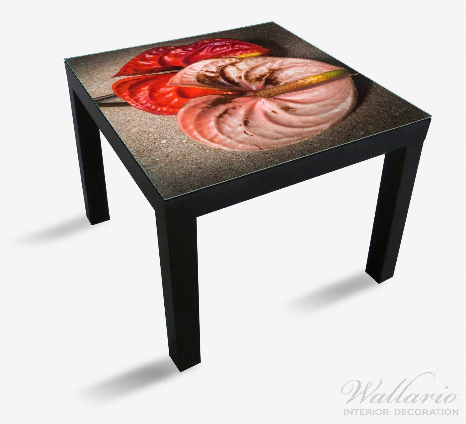 Blüten - Tischplatte Ikea St), auf - geeignet (1 für Marmor Flamingoblume Lack schwarzem Tisch Anthurie einer Wallario