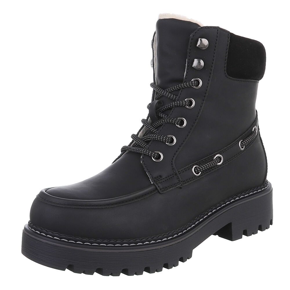 Ital-Design Damen Schnürstiefel mit Profilsohle und Reißverschluss Snowboots (92299800) Blockabsatz Plateaustiefeletten in Schwarz