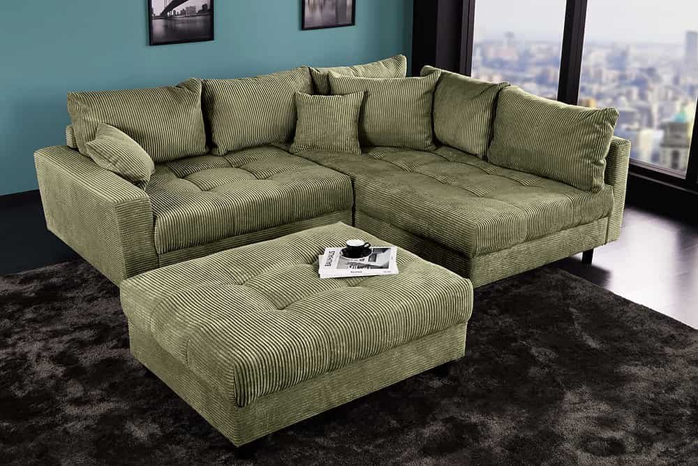 riess-ambiente Ecksofa KENT 220cm grün- Cord, L-Form, Federkern, m. Kissen, FSC-zertifiziert, Einzelartikel 1 Teile, Moderne Wohnlandschaft inkl. Hocker - ideal für Wohnzimmer u. Familien