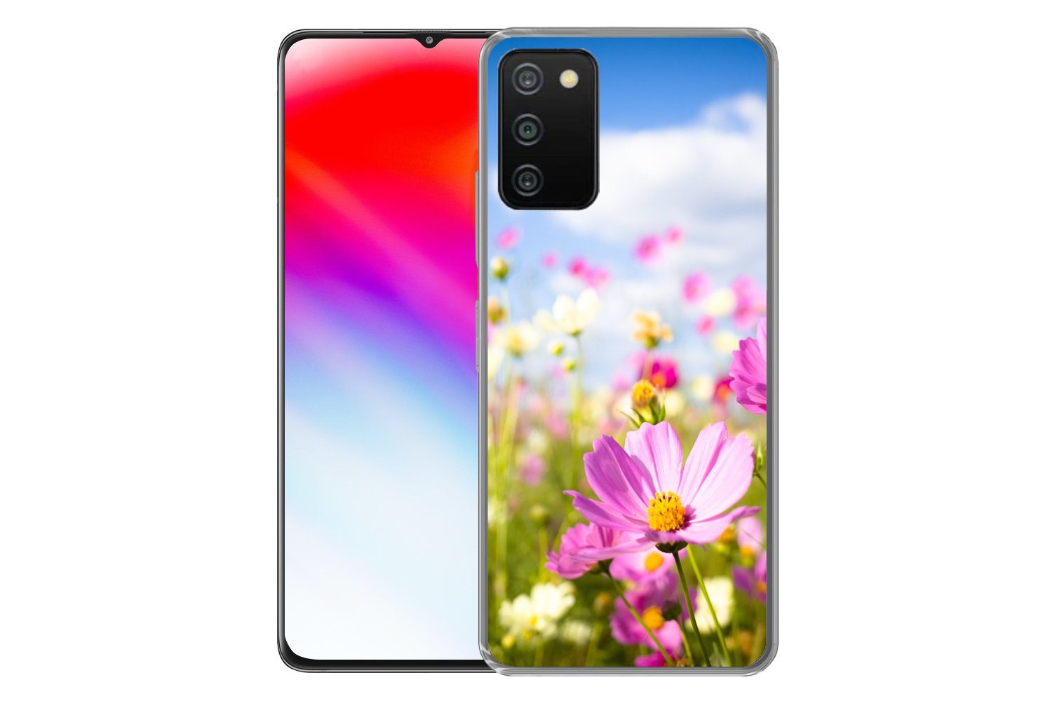 MuchoWow Handyhülle für Samsung Galaxy A03s Blumen - Wiese - Lila - Gras - Weiß - Wolken -, Smartphone-Bumper, Print, Handy Schutzhülle Dünn