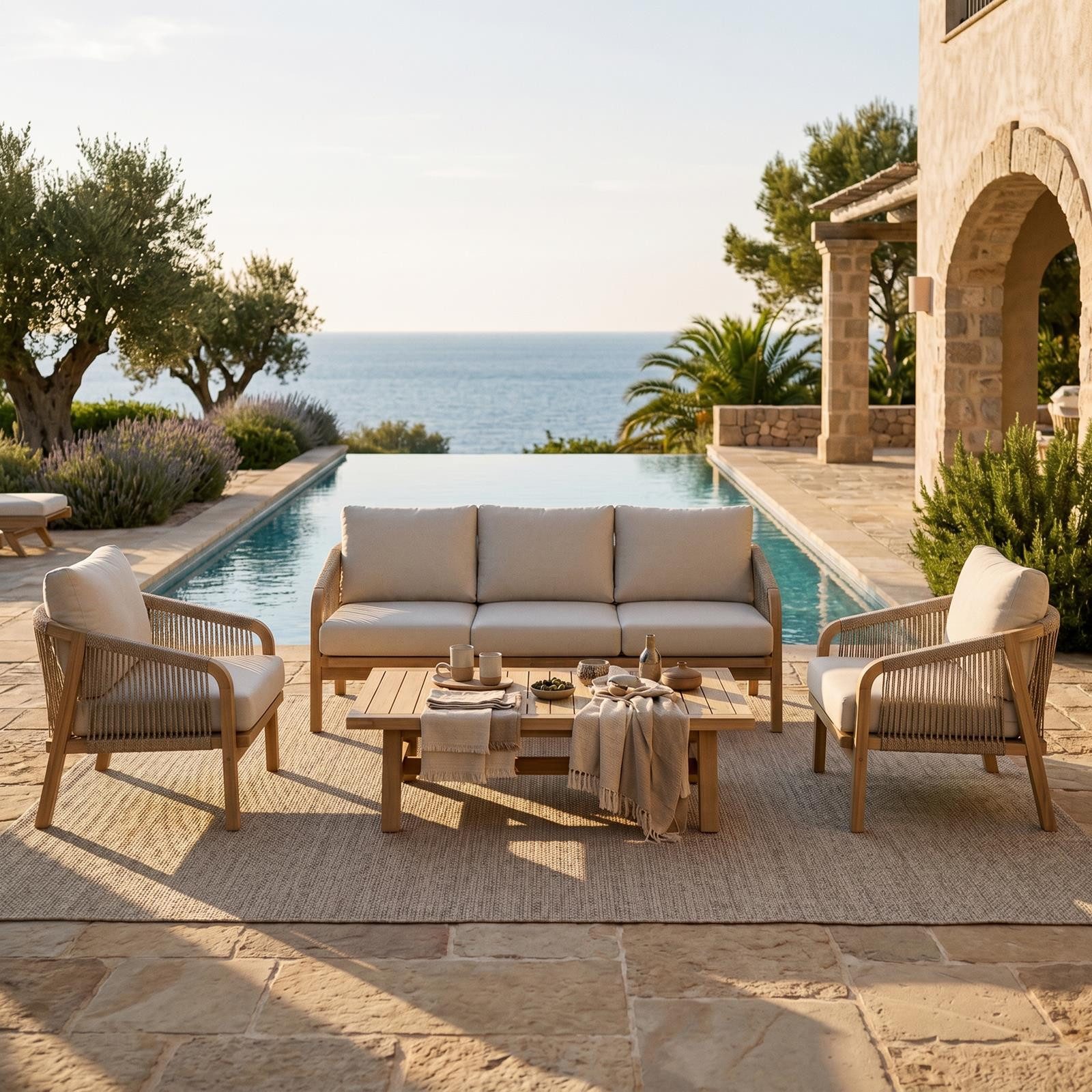 IDIMEX Gartenlounge-Set SANYA, (4-tlg), Outdoorset aus massivem Akazienholz 4-teilig mit Polstern Natur/Beige