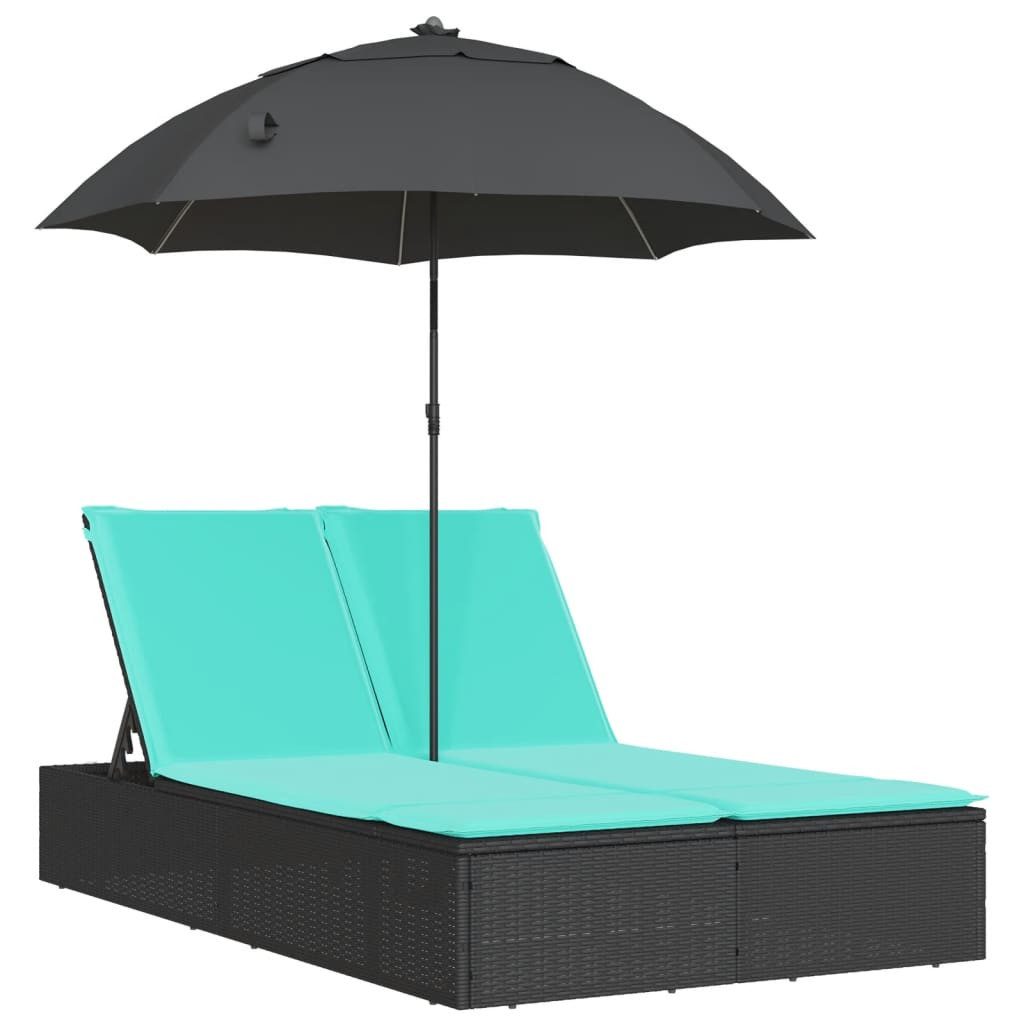vidaXL Gartenliege Doppel-Sonnenliege mit Kissen&Sonnenschirm Schwarz Poly Rattan, 1 St.