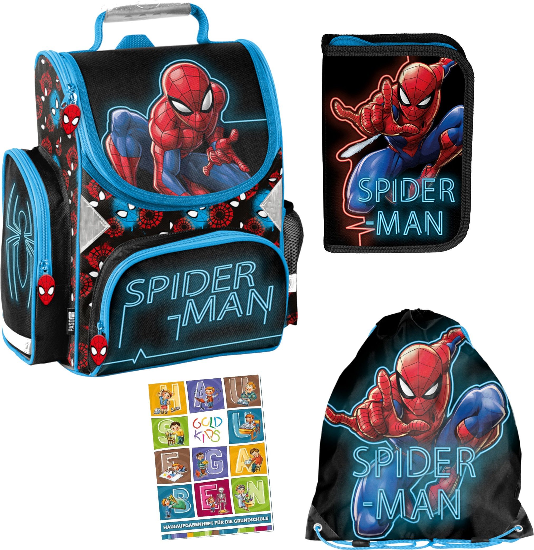 GOLDKIDS Schulranzen Spiderman ergonomischer (Ranzen Turnbeutel Federmappe Regenschutz, 1-tlg., Grundschule 4er Set Lizenzartikel Marvel), Spiderman Spider-man Comics